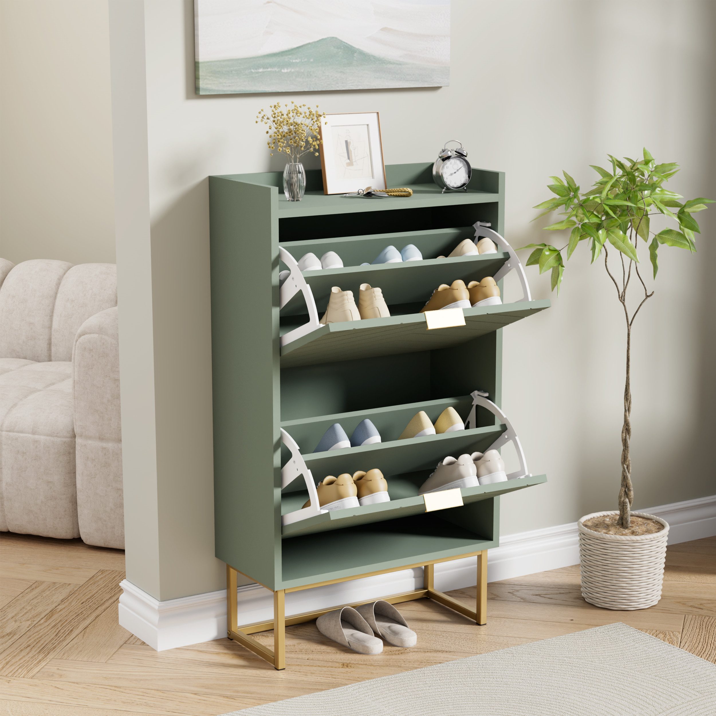 UEV Schuhschrank mit 2 Klappen, Schuhkipper Schmal, Schuhregal mit Metallfüße (50 x 24 x 103,5cm Modern Schuhaufbewahrung mit Oberplatte, Schuhkommode,Anti-Kipp-Vorrichtung für Eingangsbereich) trennwände verstellbar und abnehmbar für verschiedene Schuhtypen