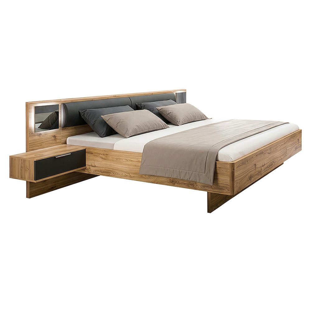 Lomadox Bett VIESTE-43, Bettanlage 180x200cm mit Nachttischen, Beleuchtung, graphit mit Eiche