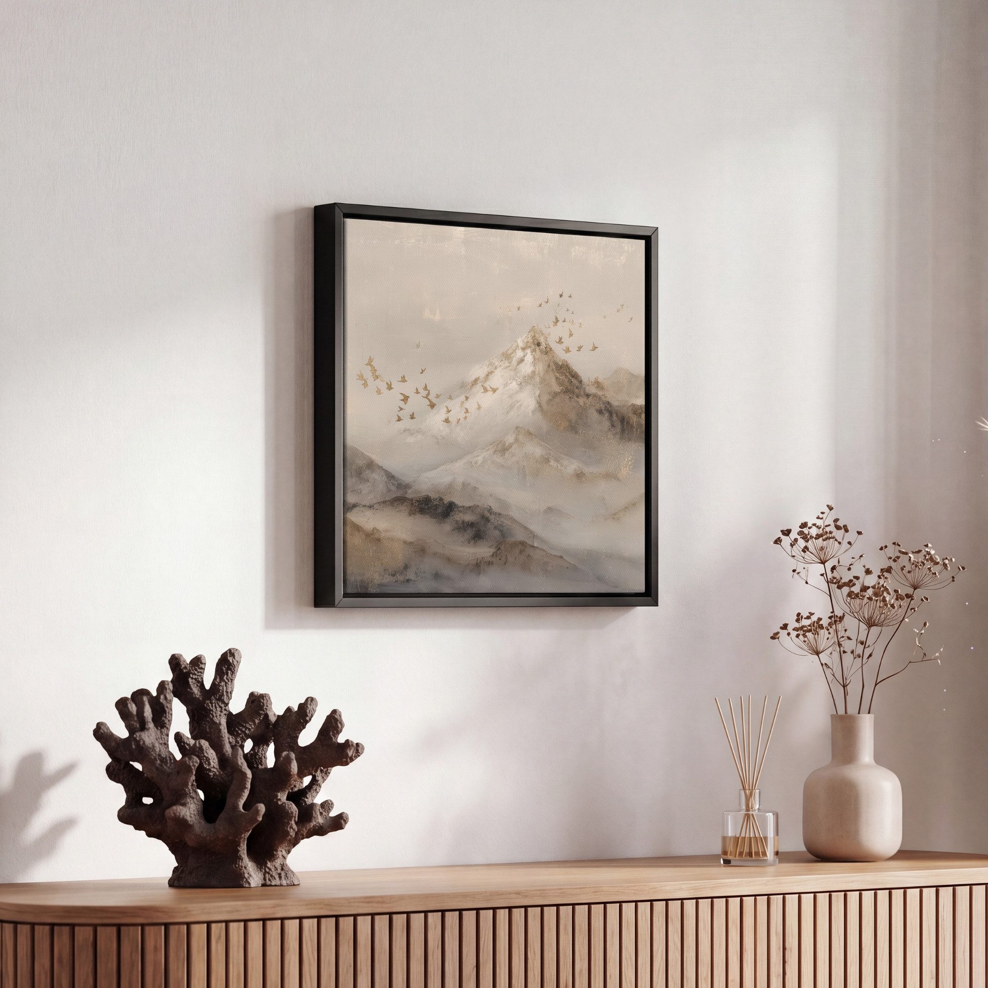 OneMillionCanvasses® Leinwandbild mit Rahmen - Berglandschaft - Nebel - Pinselstriche, Fotodruck (1 St), Leinwand Bilder Klein, Wand Dekoration Aesthetic 20x20c – Bild 5 von 5