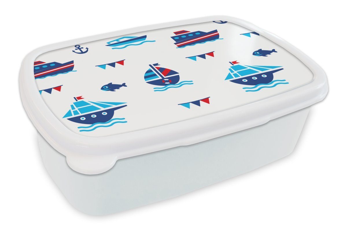 MuchoWow Lunchbox Boot - Blau - Rot - Junge - Muster, Kunststoff, (2-tlg), Brotbox für Kinder und Erwachsene, Brotdose, für Jungs und Mädchen weiß