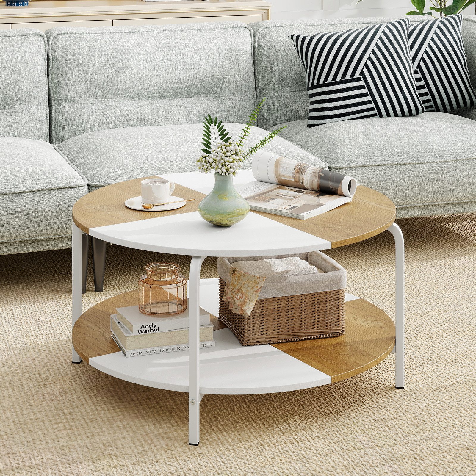 COSTWAY Couchtisch, rund, 80 cm Wohnzimmertisch 2 Ebenen mit Ablage