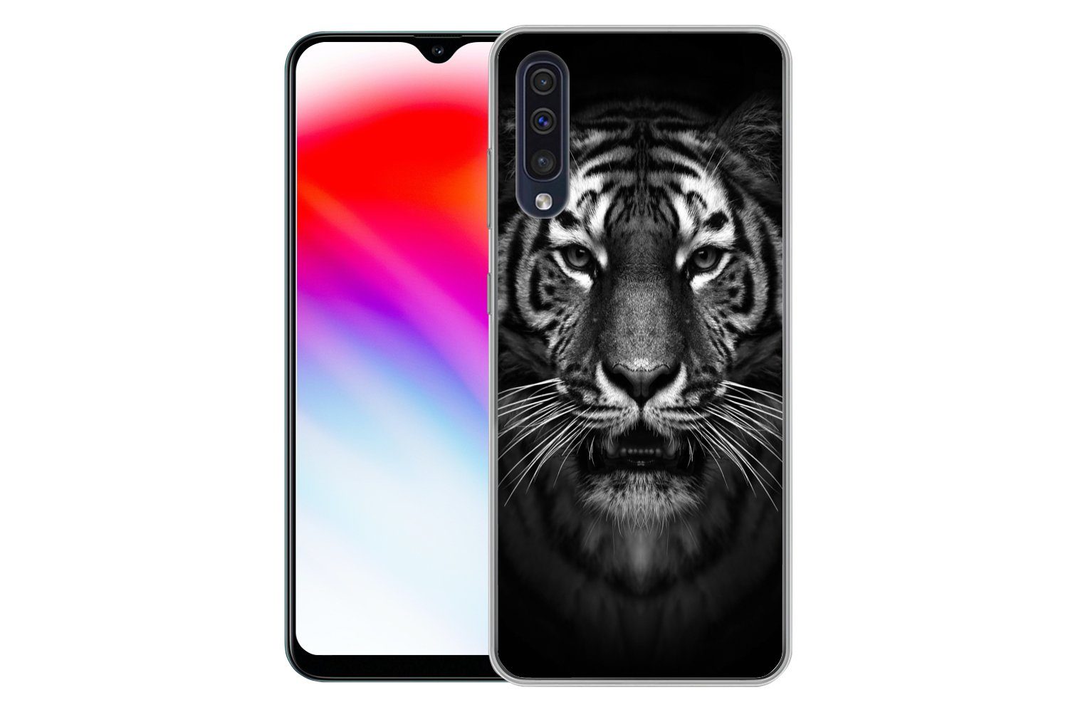 MuchoWow Handyhülle für Samsung Galaxy A50 Tiger - Tiere - Schwarz - Weiß - Porträt - Wild, Smartphone-Bumper, Print, Handy Schutzhülle Dünn