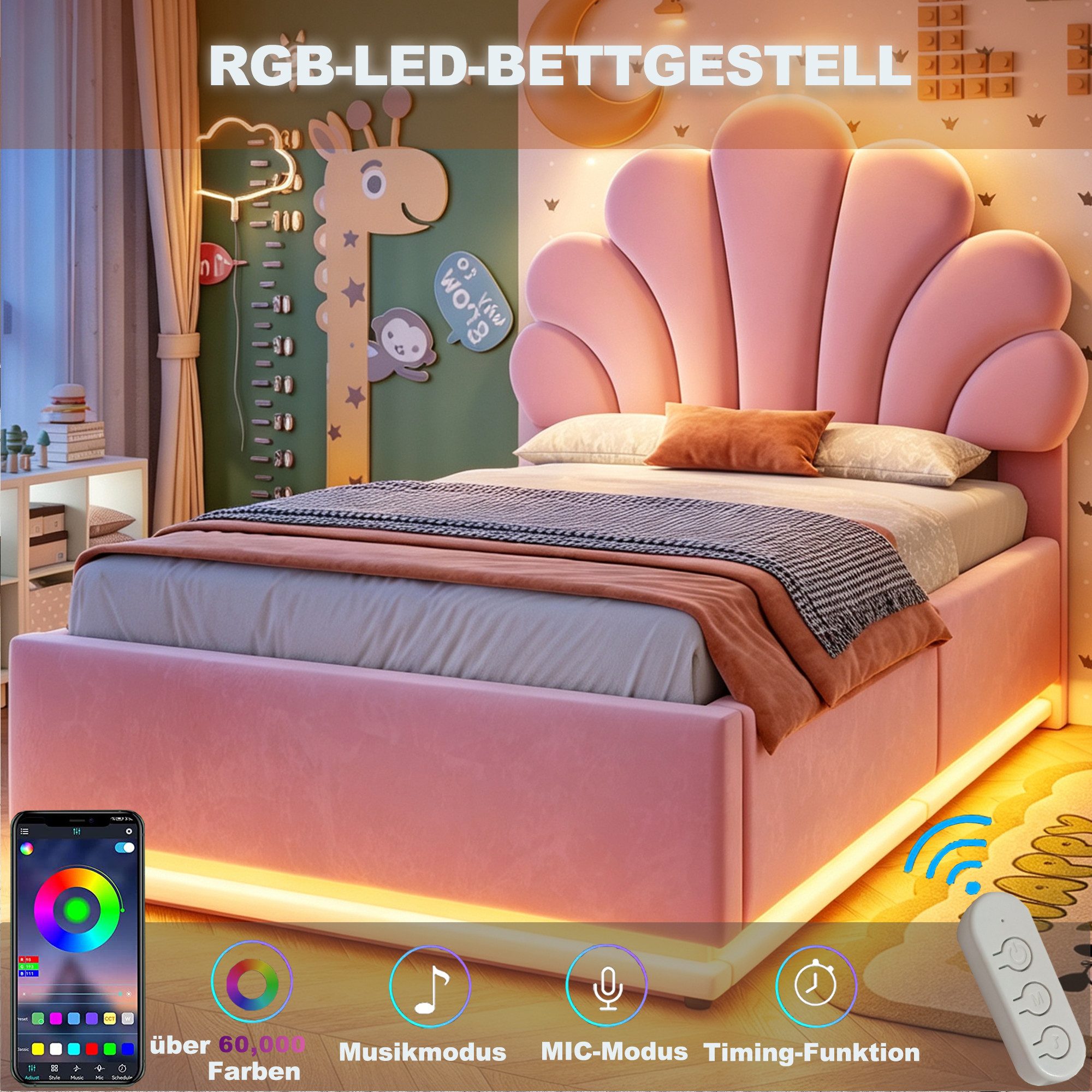 Odikalo Stauraumbett 90×200 140×200 Kinderbett Polsterbett Jugendbett Beige mit LED (Blütenförmigem Kopfteil Hydraulischem Stauraum Beleuchtung und Metallrahme  – Bild 5 von 5