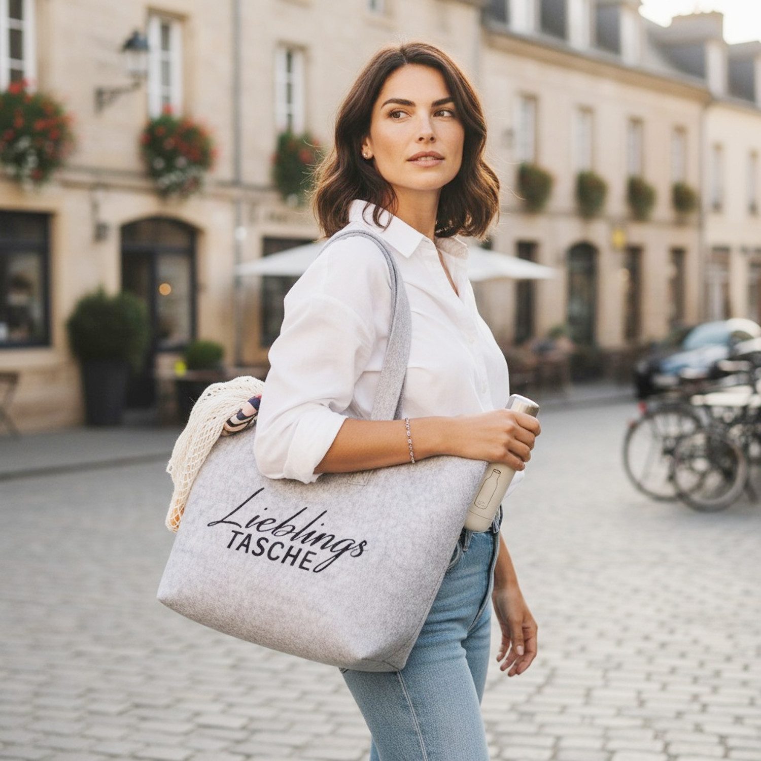 Macosa Home Einkaufsshopper Filztasche Lieblingstasche mit Reißverschluss in Hellgrau 45 cm, Einkaufstasche Alltagstasche Aufbewahrungstasche – Bild 5 von 5