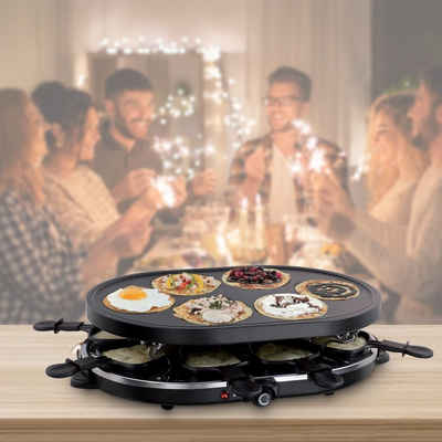 bmf-versand Raclette Raclette 8 Personen Mini Crepes Maker Crepesmaker Tischgrill, 8 Raclettepfännchen, 1200,00 W, Abnehmbare Crepes-Platte, Inklusive 8 Pfännchen und 8 Holzschabern