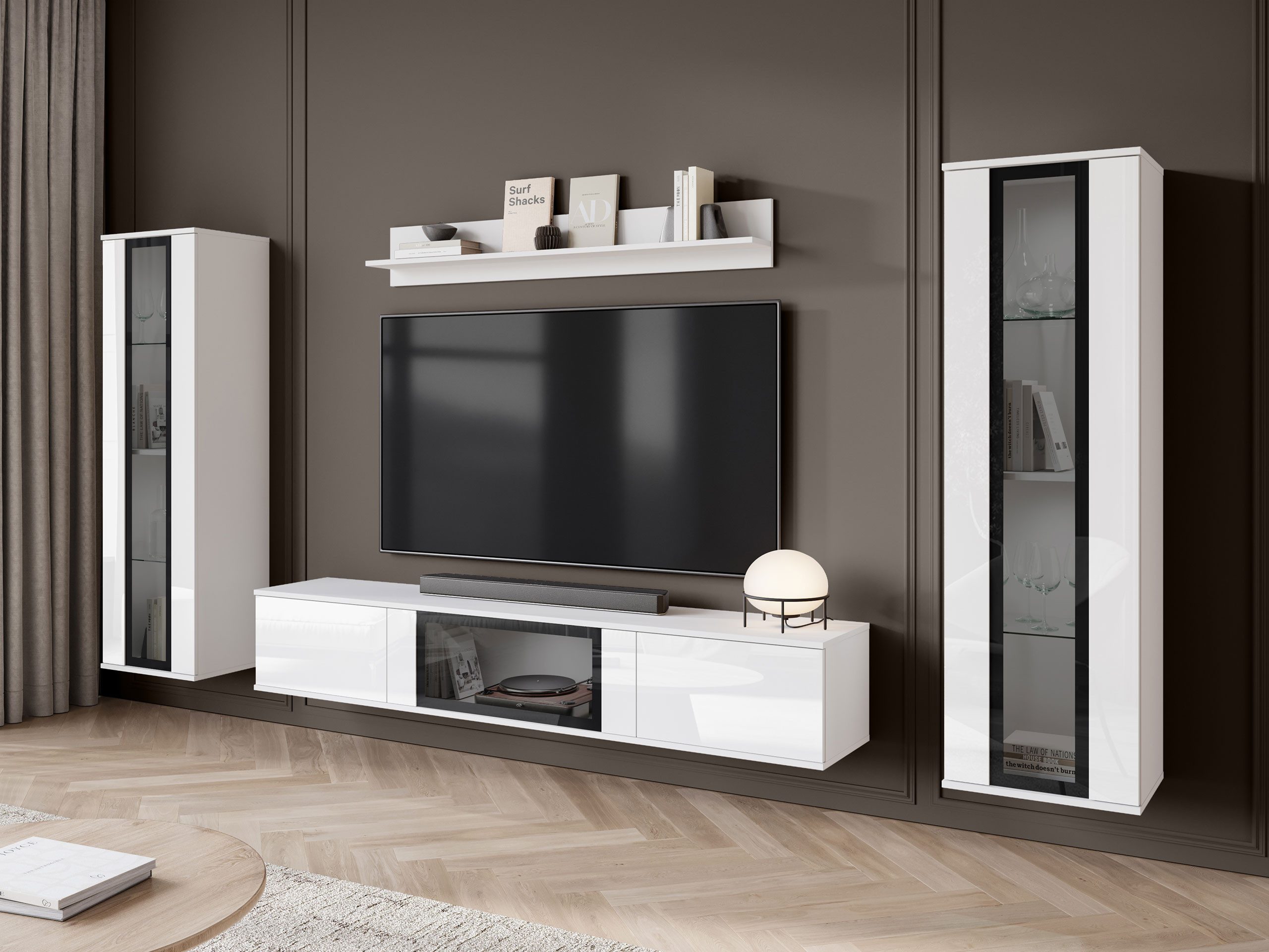 MIRJAN24 Wohnwand Caro, (4er-Set, Hängevitrine x2, TV-Lowboard, Wandregal), LED-Beleuchtung als Option