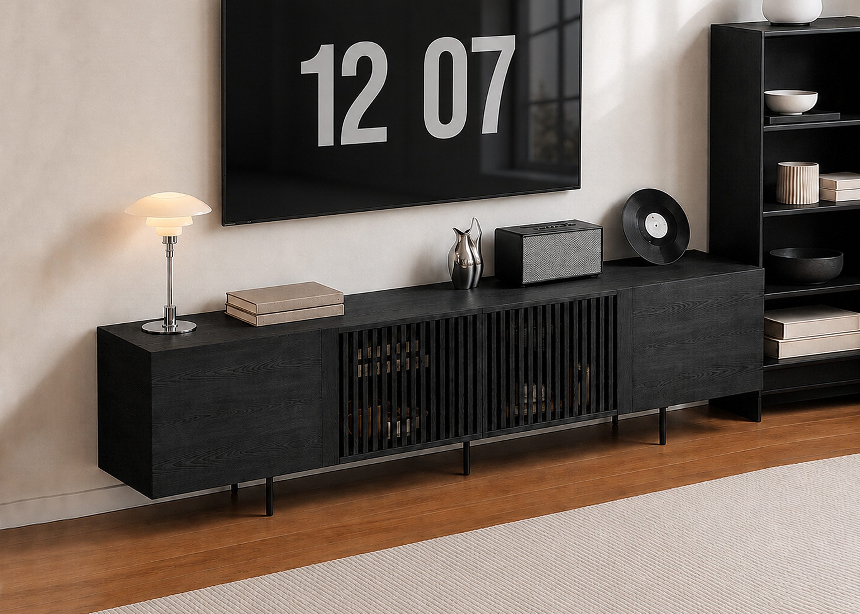 oleyluckidea TV-Schrank Mid-Century TV-Lowboard ausziehbar, Walnuss, für 80"+ TV Breite 198 cm bis 262 cm
