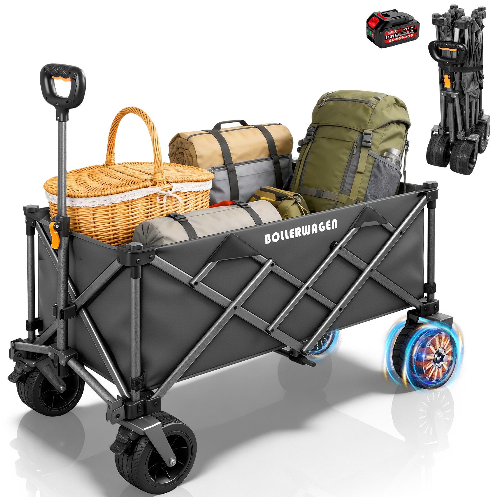 XIIW Bollerwagen Faltbar Elektrischer Handwagen 3Gang 280L 120KG Belastbar Gartenwagen (Elektrokarre mit 4,0Ah-Akku & 50W Bürstenlos Motor), Kompatibel mit Makita Akku für Camping Strand Einkauf