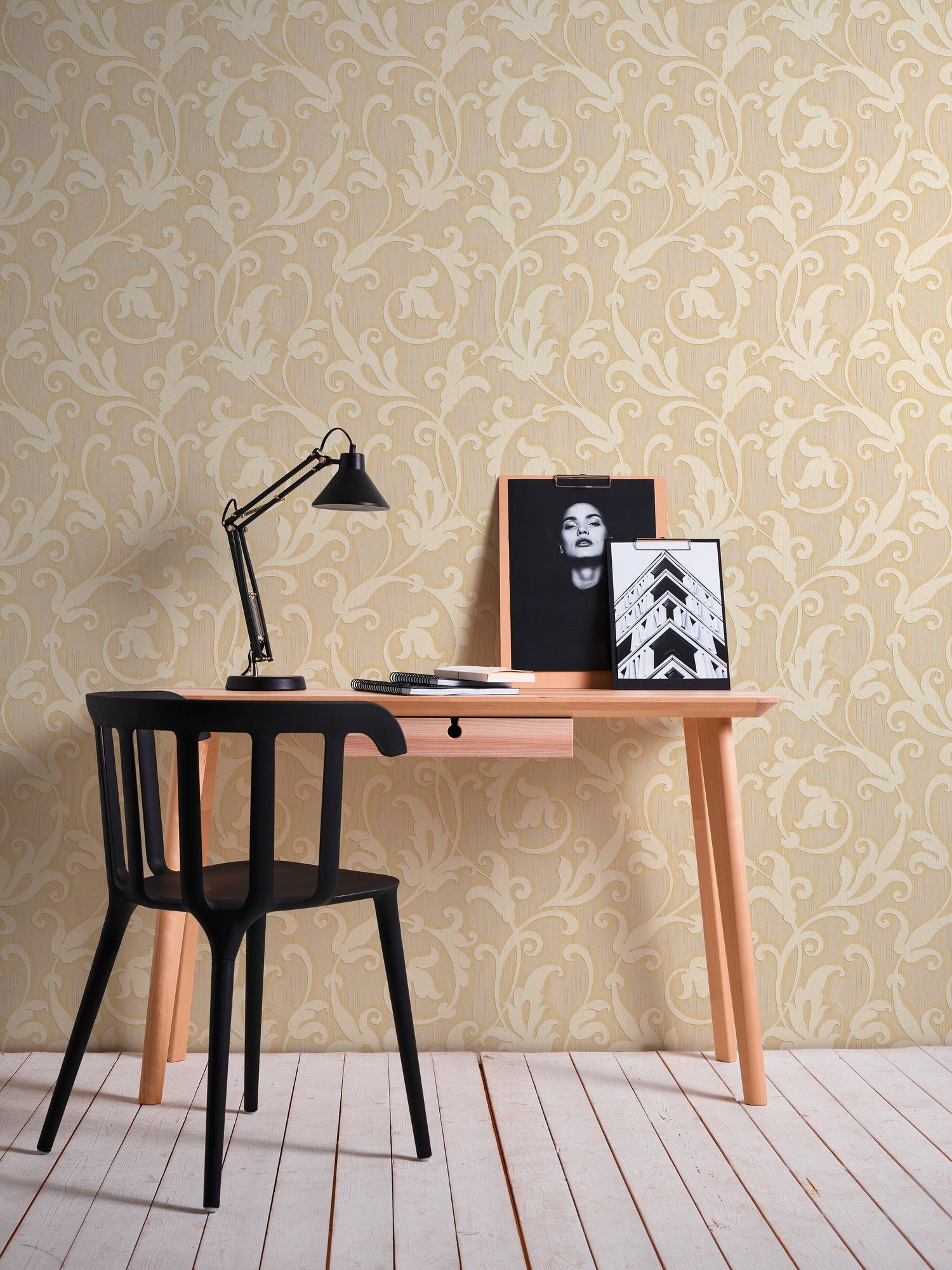 A.S. Création Architects Paper Barock, floral, Textiltapete Tapete gelb/gold samtig, Tessuto, Barock
