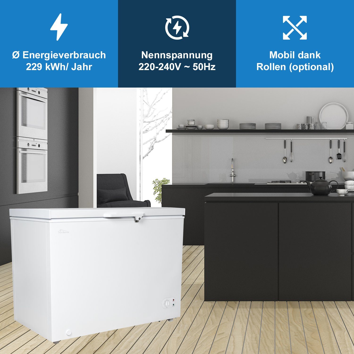 TroniTechnik Gefriertruhe Einstellbarer Temperaturregler, kühlen und gefrieren BORGAR 290 PRO, 107.4 cm breit, 290 l, inkl. Dual Thermostat, LED Licht, Griff, Schloss, Rollen, Einlegekorb