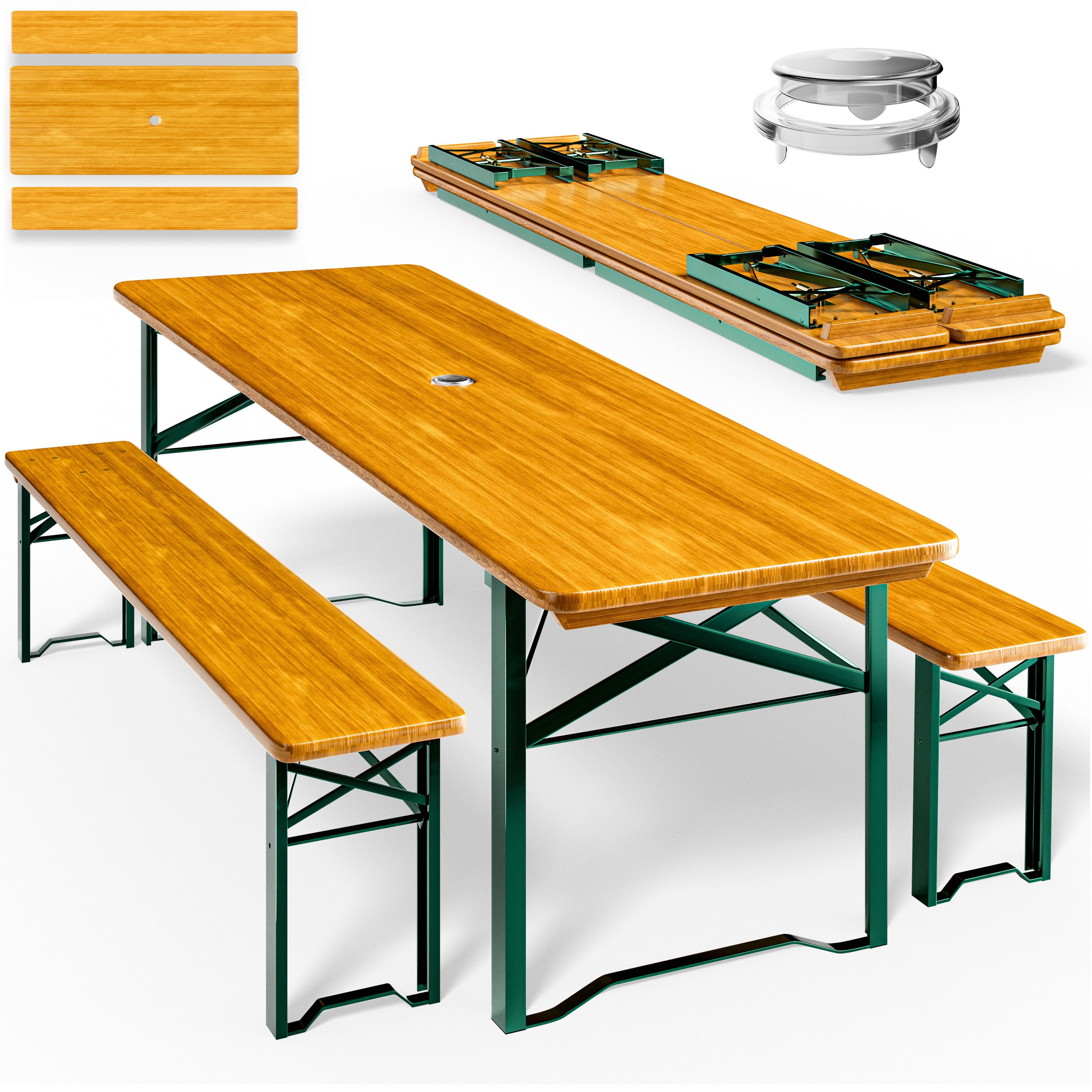 Casaria Bierzeltgarnitur, (3-tlg), 170cm Klappbar Stabil 3 Teilig 2x Bierbank 1x Breiter Tisch Holz