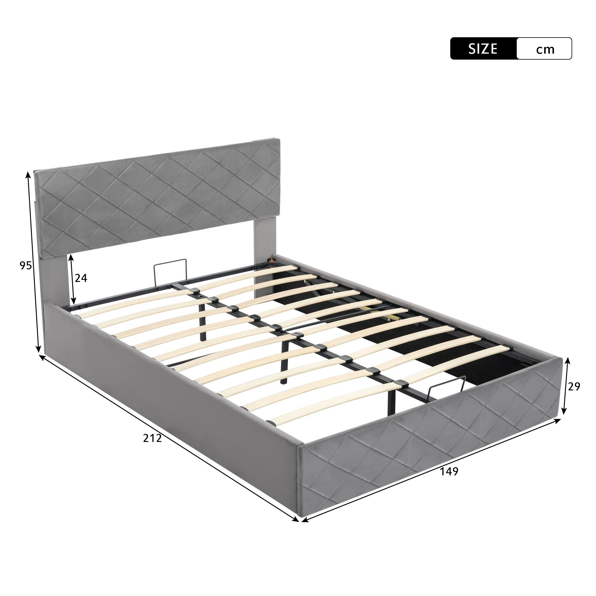 Boxspringbett, Hydraulisches Funktionsbett Polsterbett mit Lattenrost und Bettkasten 140x200cm Doppelbett, Grau Samtbezug, Lattenrost aus Holz