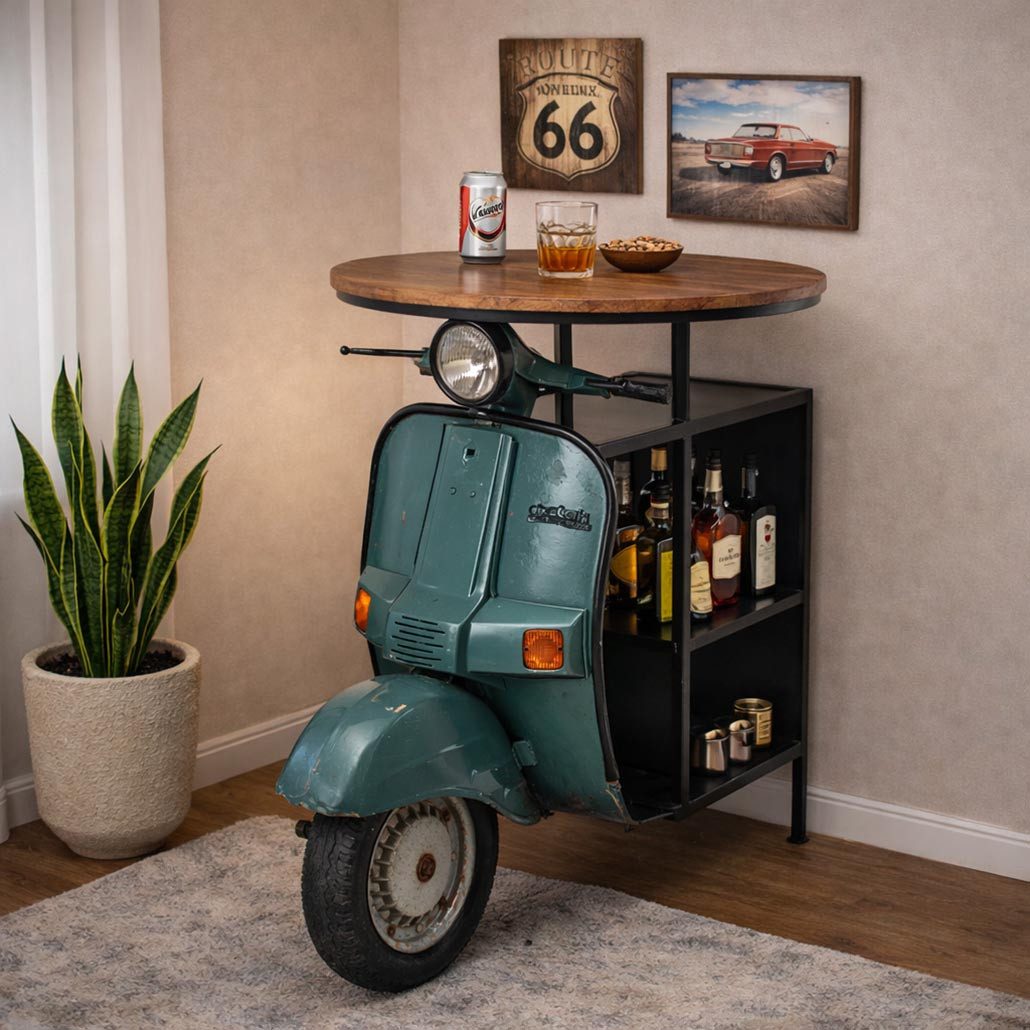Kobolo Regal Scooter MotoTavolo aus Holz und lackiertem Metall im Vintagestil, 1-tlg.
