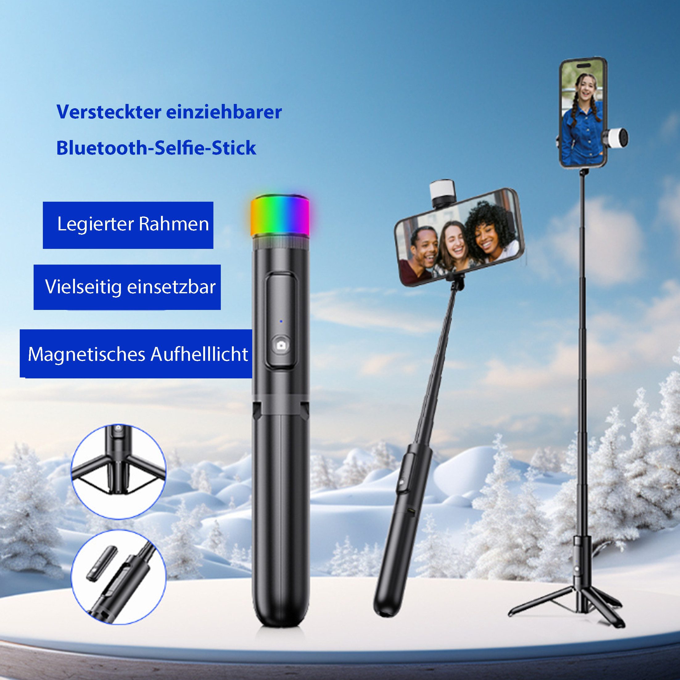 KINSI Magnetischer Selfie Stick Stativ,Bluetooth Selfie-Stange Selfiestick (mit Handyhalterung,bis zu 80 cm lang)