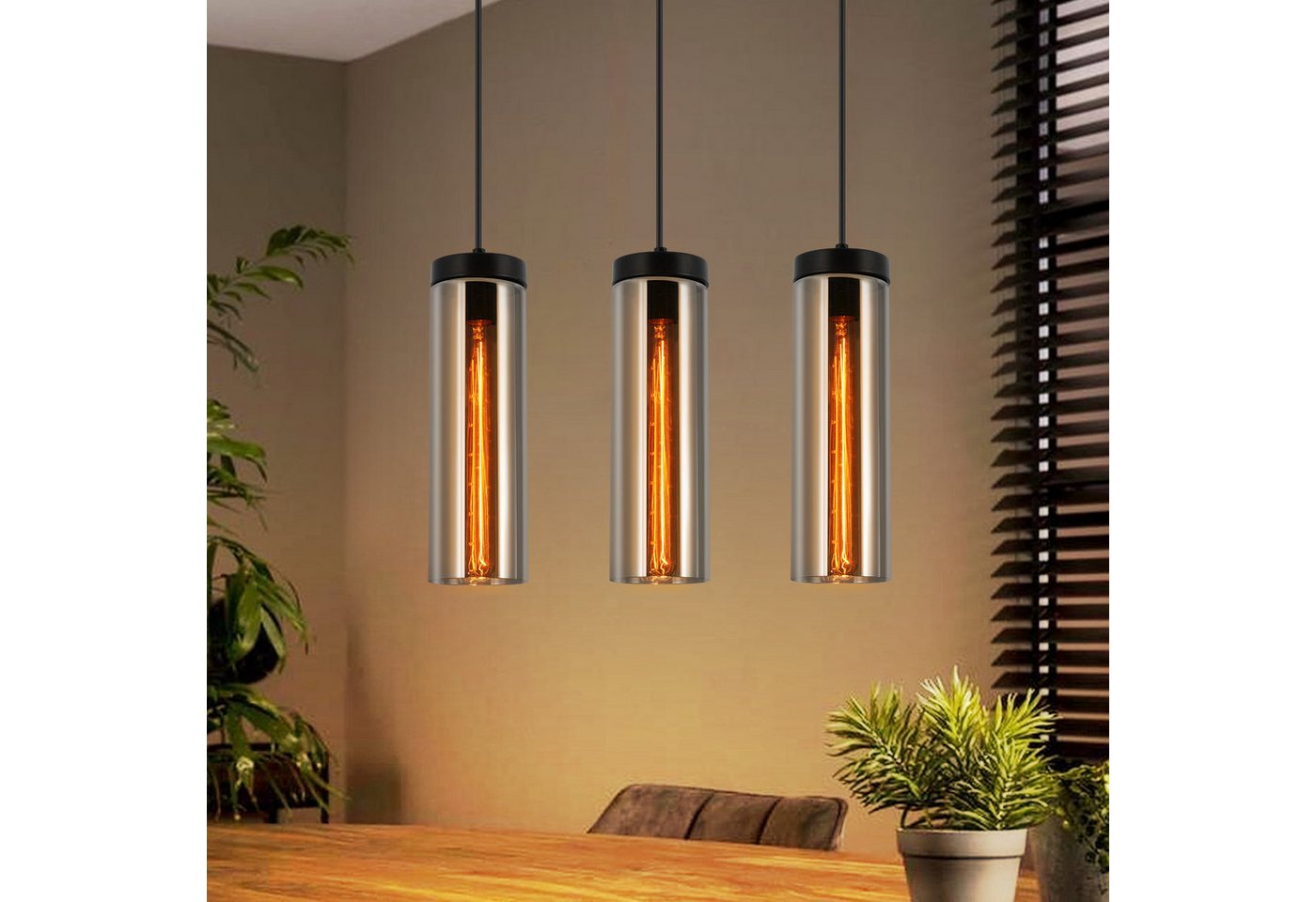 ZMH Pendelleuchte Esszimmer Schwarz - 3 Flammig E27 Glas Hängeleuchte für Wohnzimmer, ohne Leuchtmittel, 120CM Höhenverstellbar Esstischlampe für Küche Schlafzimmer