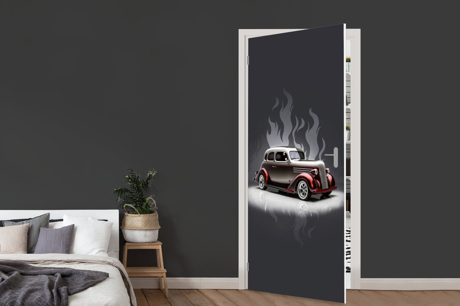 cm Türtapete MuchoWow - Flammen bedruckt, Auto Tür, Weiß St), Matt, 75x205 Vintage, Türaufkleber, Fototapete - - für (1