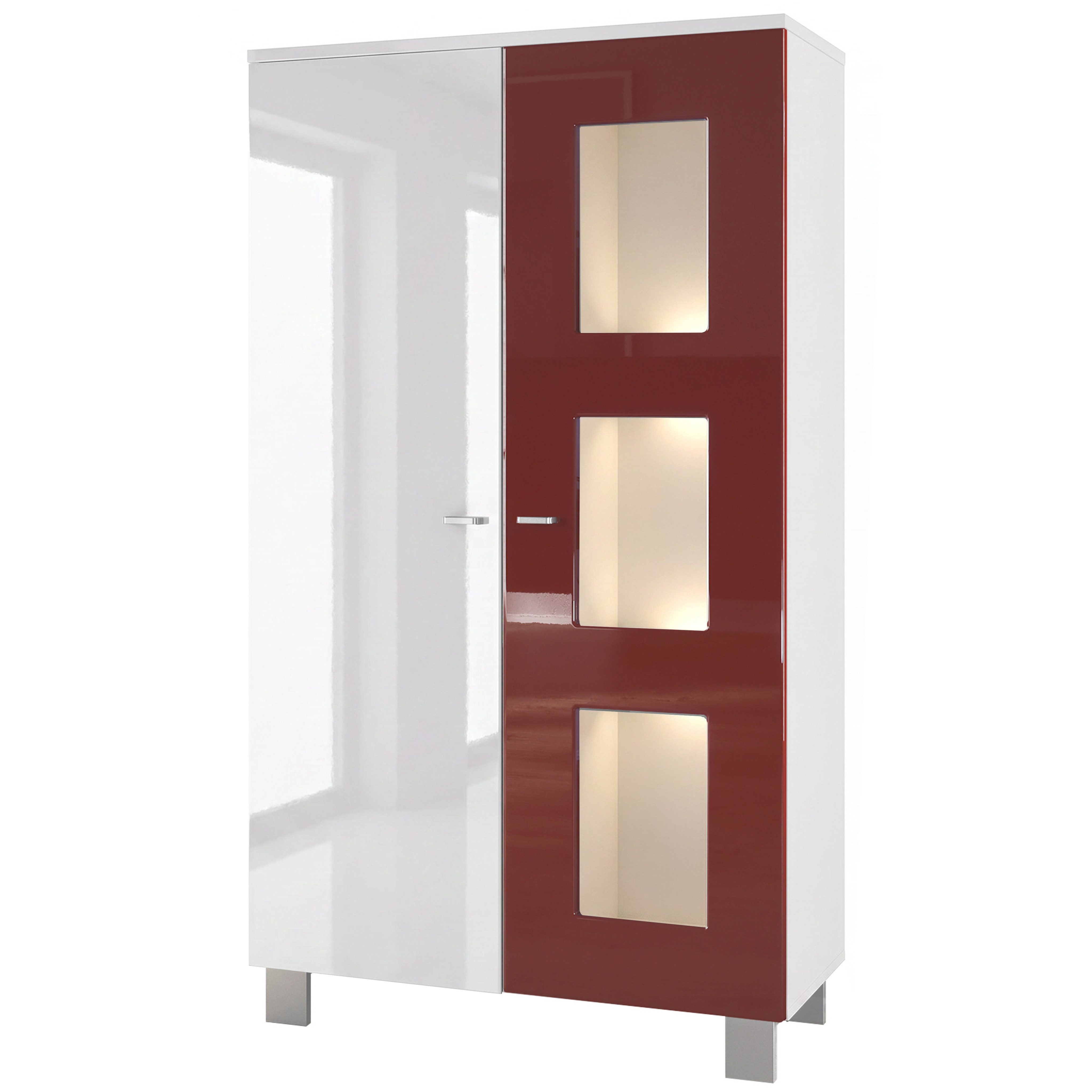 Vladon Standvitrine Denjo (Standvitrine, mit 2 Türen und 3 Glaseinsätzen) Weiß matt&glänzend/ Bordeaux glänzend mit Beleuchtung (71x129x35 cm)