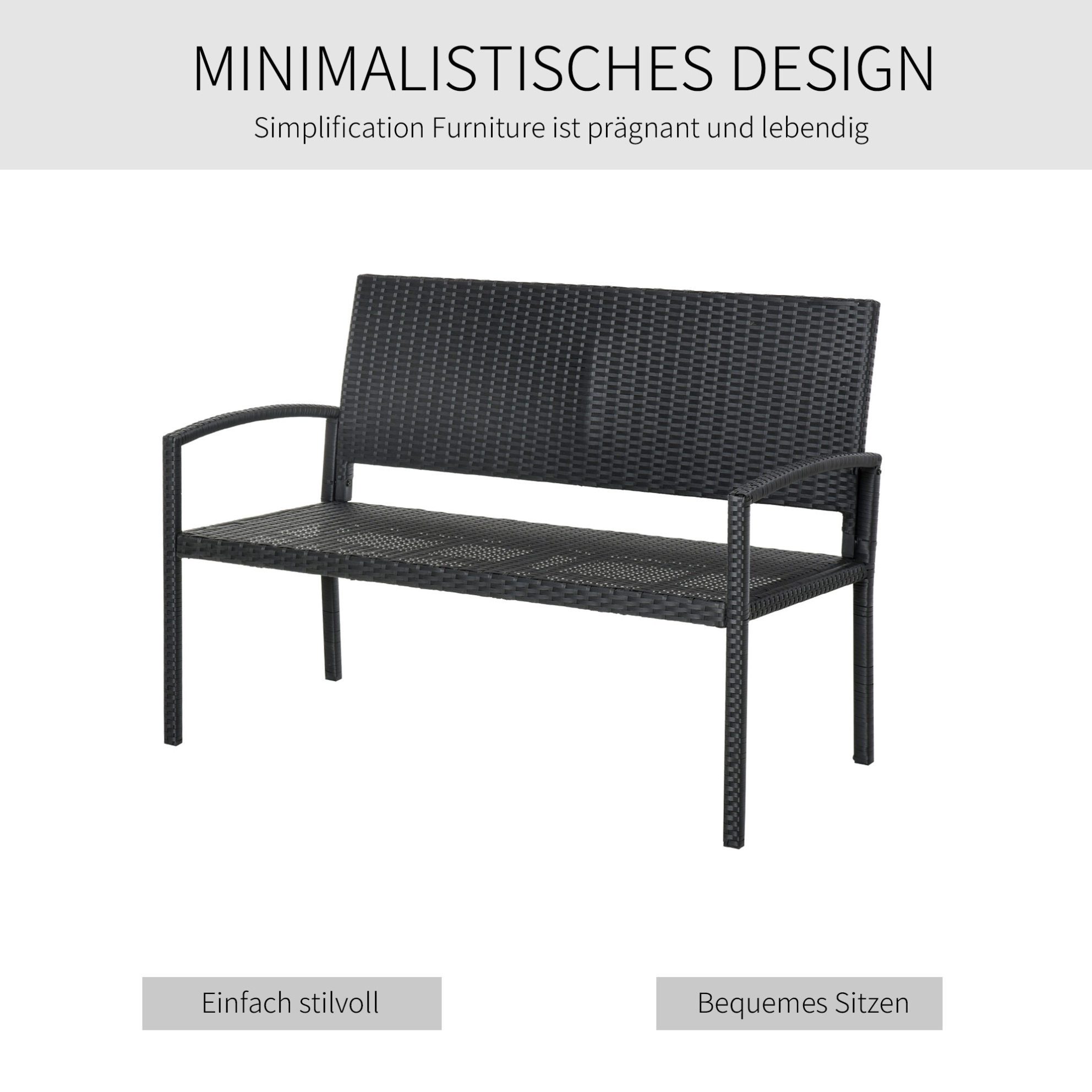 REDOM Gartenbank Polyrattan 2-Sitzer mit Stahlrahmen 122 x 60 x 87 cm schwarz (Packung, 1-St., Outdoor Bank modern Design für 2 Personen komfortabel), Parkbank Geflecht Sitzbank wetterfest für Garten Terrasse