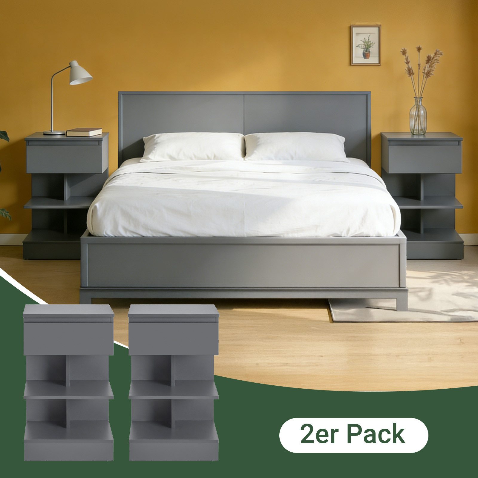 SoBuy Nachttisch FBT49, Nachttisch schmal, Nachtschrank Aufbewahrungsschrank, (2-St), Beistelltisch mit Schublade, Nachtschrank, offene Ablage – Bild 4 von 5