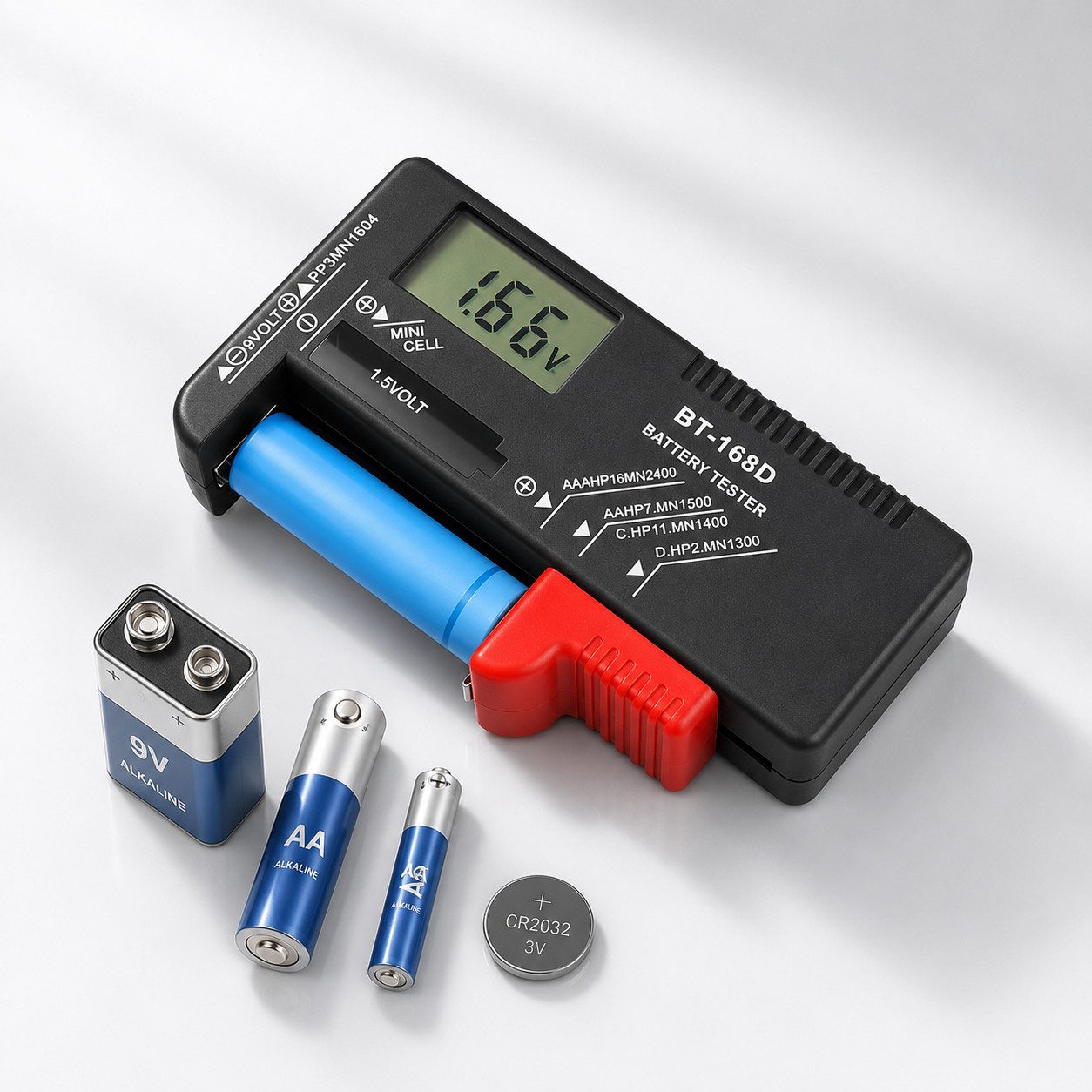 Lamex Batterietester LXM265 Digitaler LCD-Batterie- und Akkutester, AA, AAA, C, D, 9 V sowie Knopfzellen