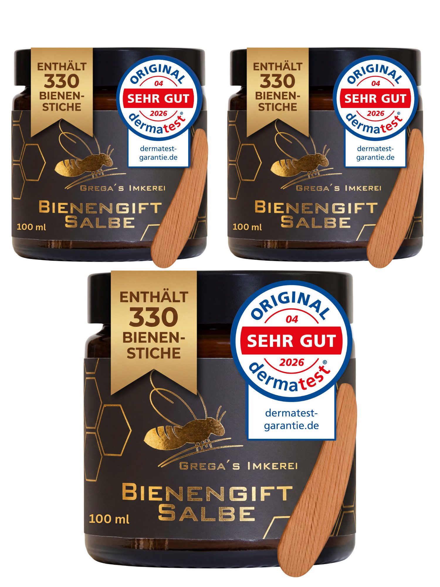 Grega´s Imkerei Körpercreme Bienengiftsalbe 100 ml - Derma Test „Sehr gut“ inkl. Massivholz Cremespatel, 3-tlg., Hochkonzentrierte Muskel- und Gelenkpflege mit ca. 330 Bienenstichen