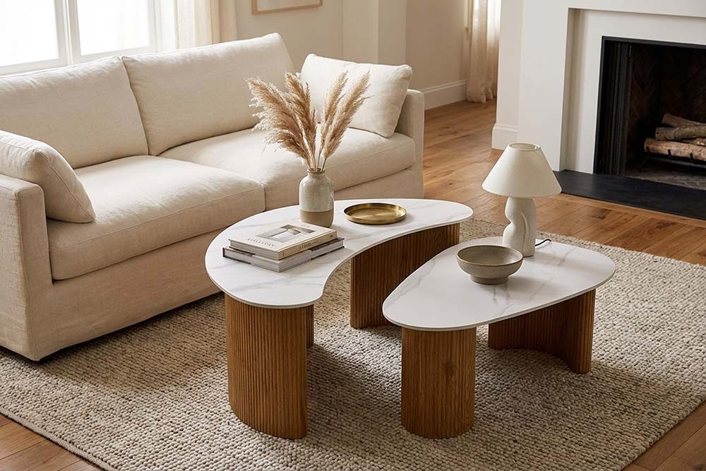 riess-ambiente Couchtisch OSAKA 120cm weiß/hellbraun - Duo, Marmor, Keramik, Eiche-Design (Set, 2-St), mit Säulenfuß & separat arrangierbar - ideal für Wohn- & Schlafzimmer