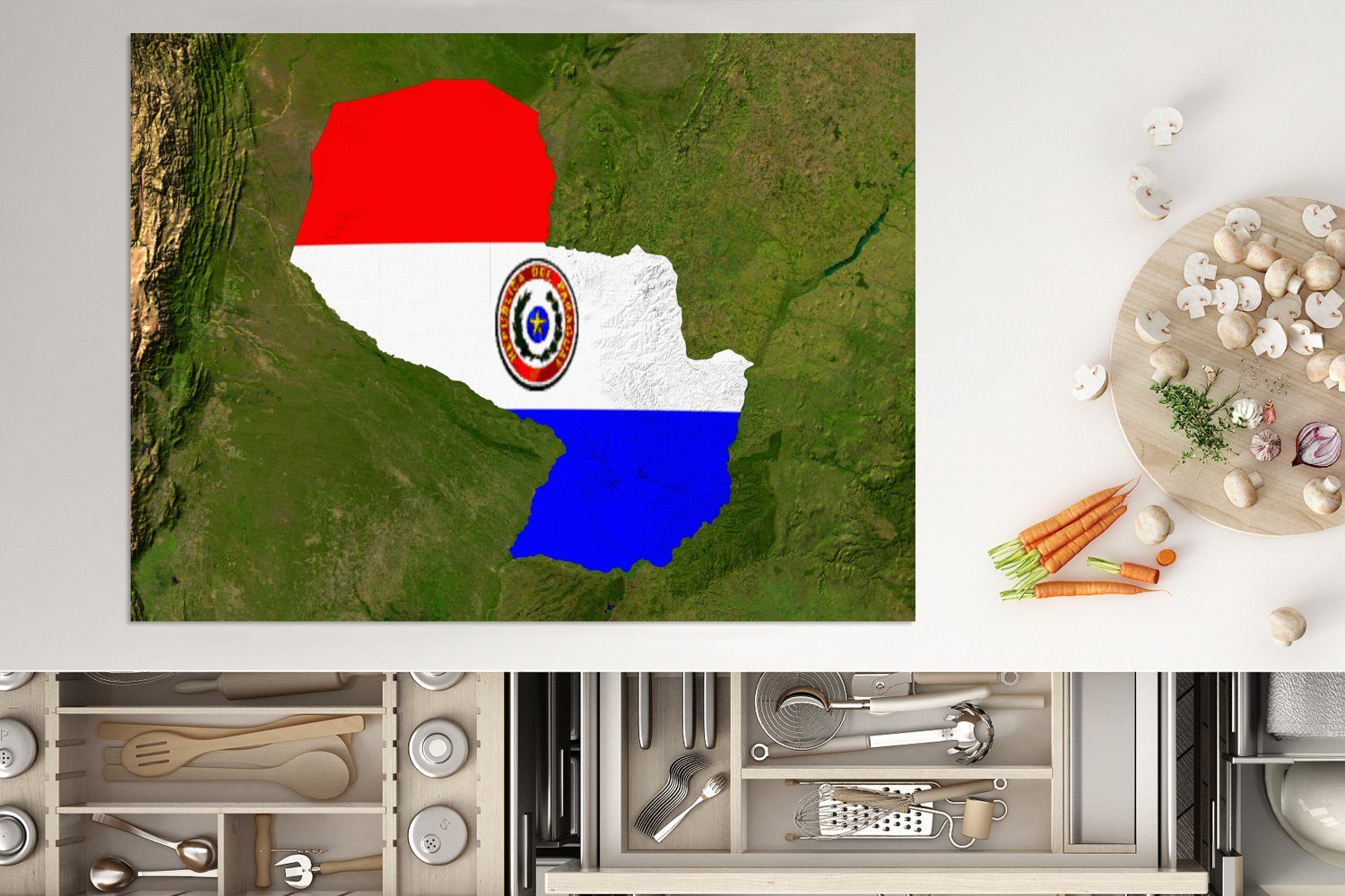 Arbeitsfläche 70x52 von nutzbar, des Satellitenbild (1 MuchoWow Paraguay darüber, cm, der Herdblende-/Abdeckplatte tlg), mit Ein Ceranfeldabdeckung Landes Flagge Vinyl, Mobile