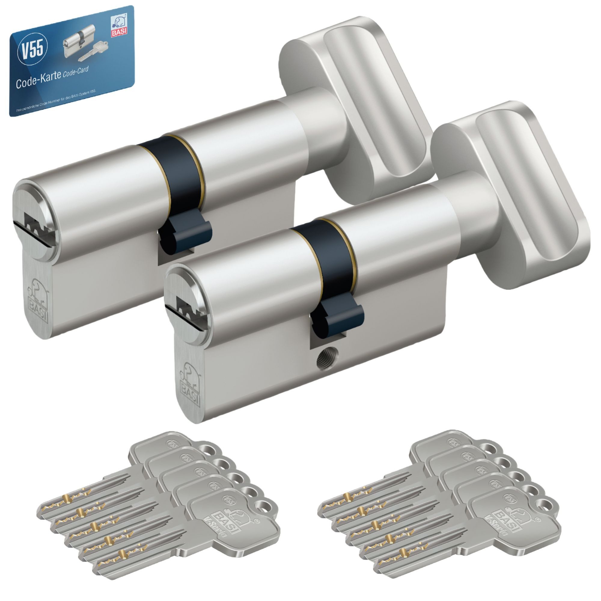 BASI Profilzylinder 2er SET V55, Gleichschließend, diverse Längen, (Spar-Set, 2-St), 2 x Knaufzylinder K30/30 mm, Knaufseite Innen = 30 mm, 10 Schlüssel