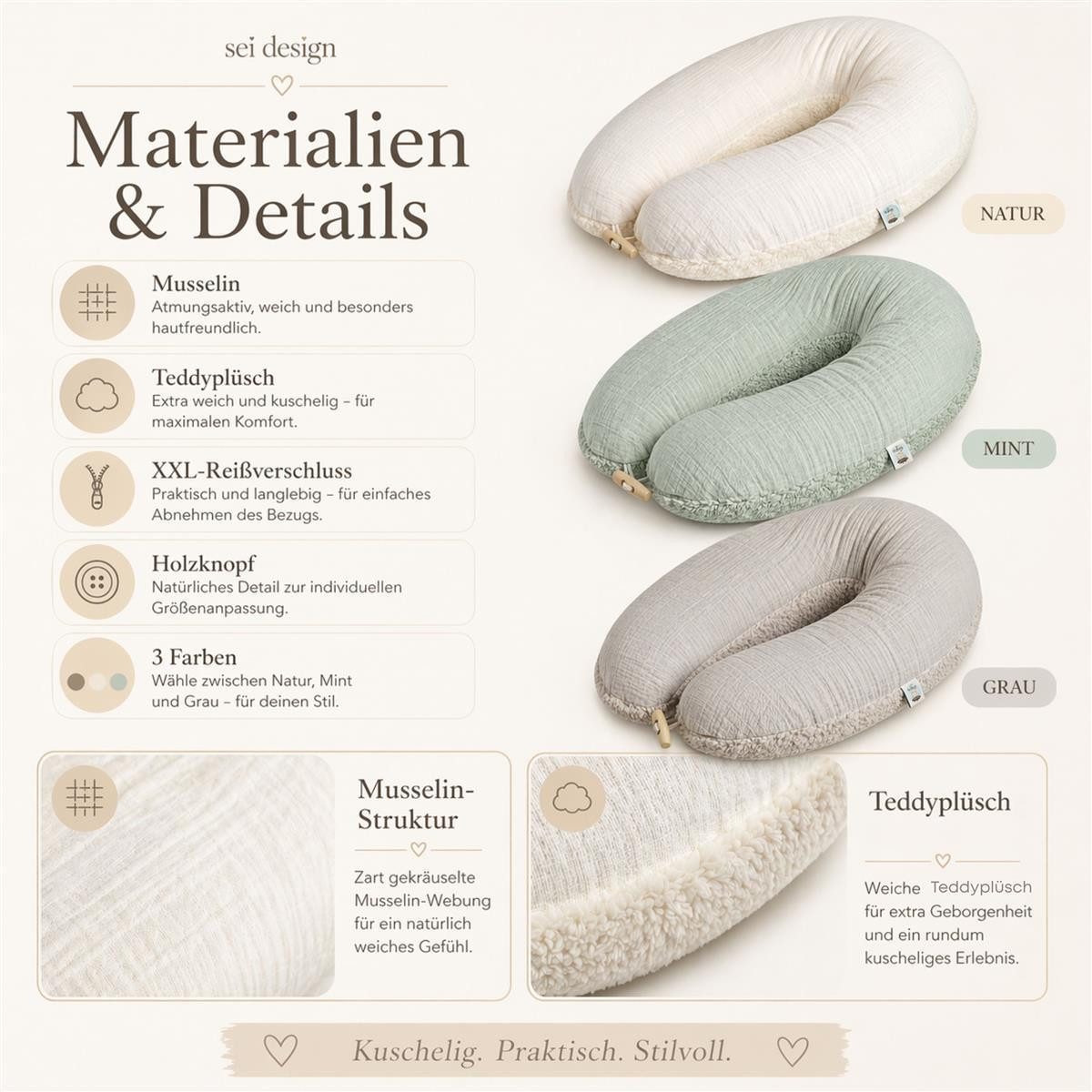 SEI Design Stillkissen Musselin GOTS & Teddyplüsch, Faserbällchen, IGR, Grau, 190x35, Schwangerschaftskissen mit Bezug, 1-tlg., Schwangerschaftskissen mit Bezug – Bild 4 von 5