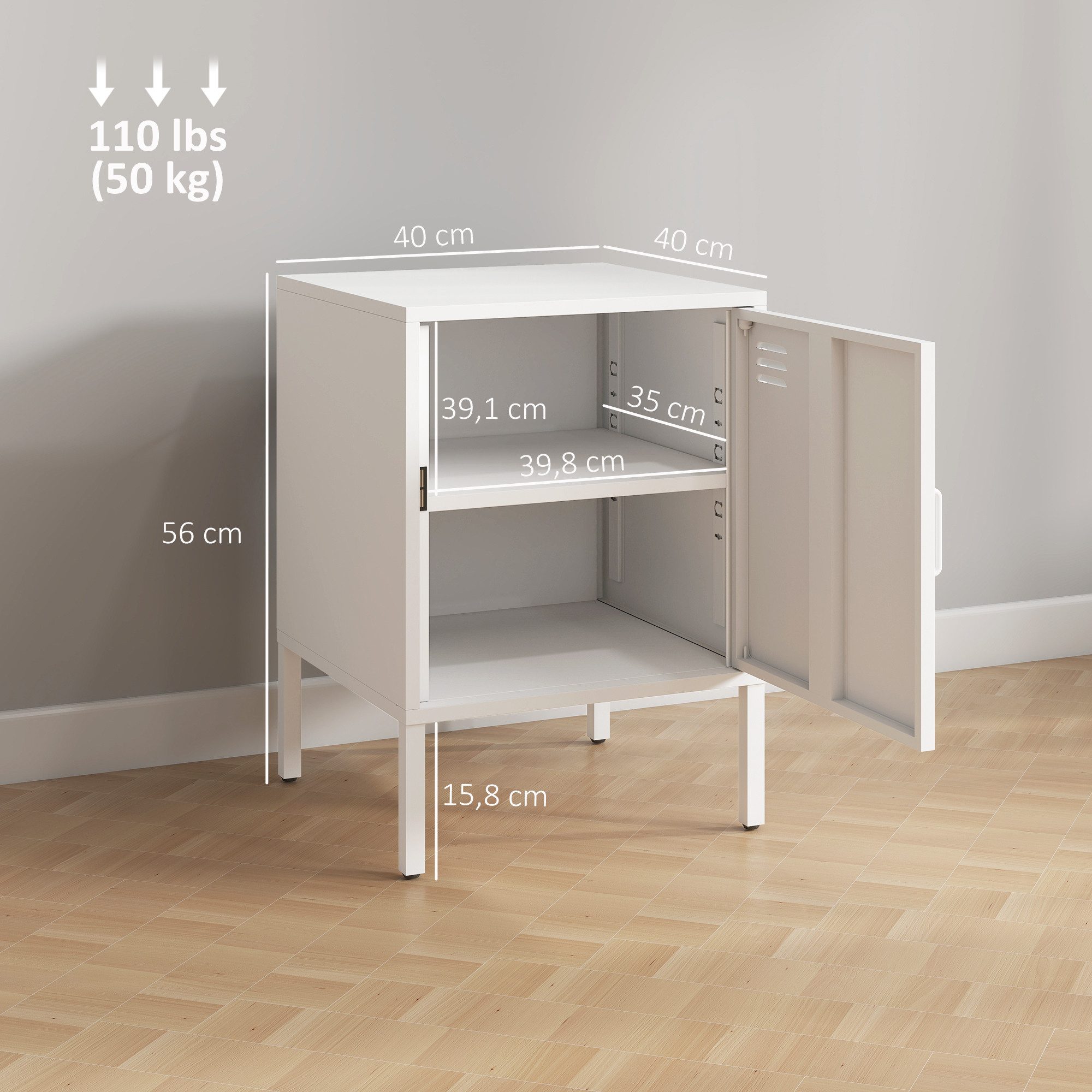 HOMCOM Nachttisch Stahl, verstellbarer Ablage, magnetischem Türverschluss, Stahlrahmen (Beistelltisch, 1-St., Nachtschrank), für Schlafzimmer, Wohnzimmer, Weiß, 40 x 40 x 56 cm