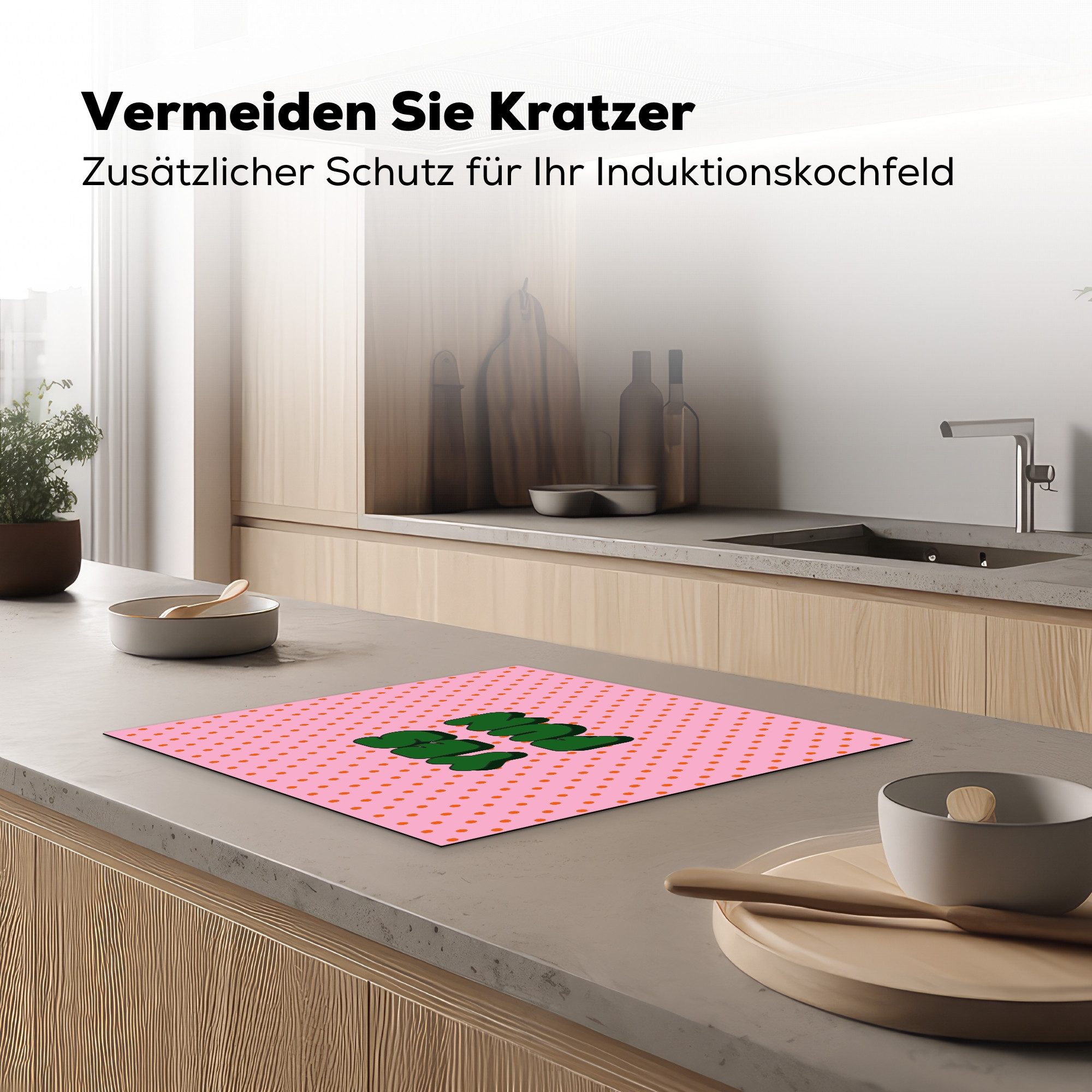 MuchoWow Herd-Abdeckplatte Ja Spaß - Grün - Rosa - Punkte, Vinyl, (1 tlg), Cerankochfeld Abdeckung, Herd Abdeckplatten Vinyl, 58.3x51.3 cm