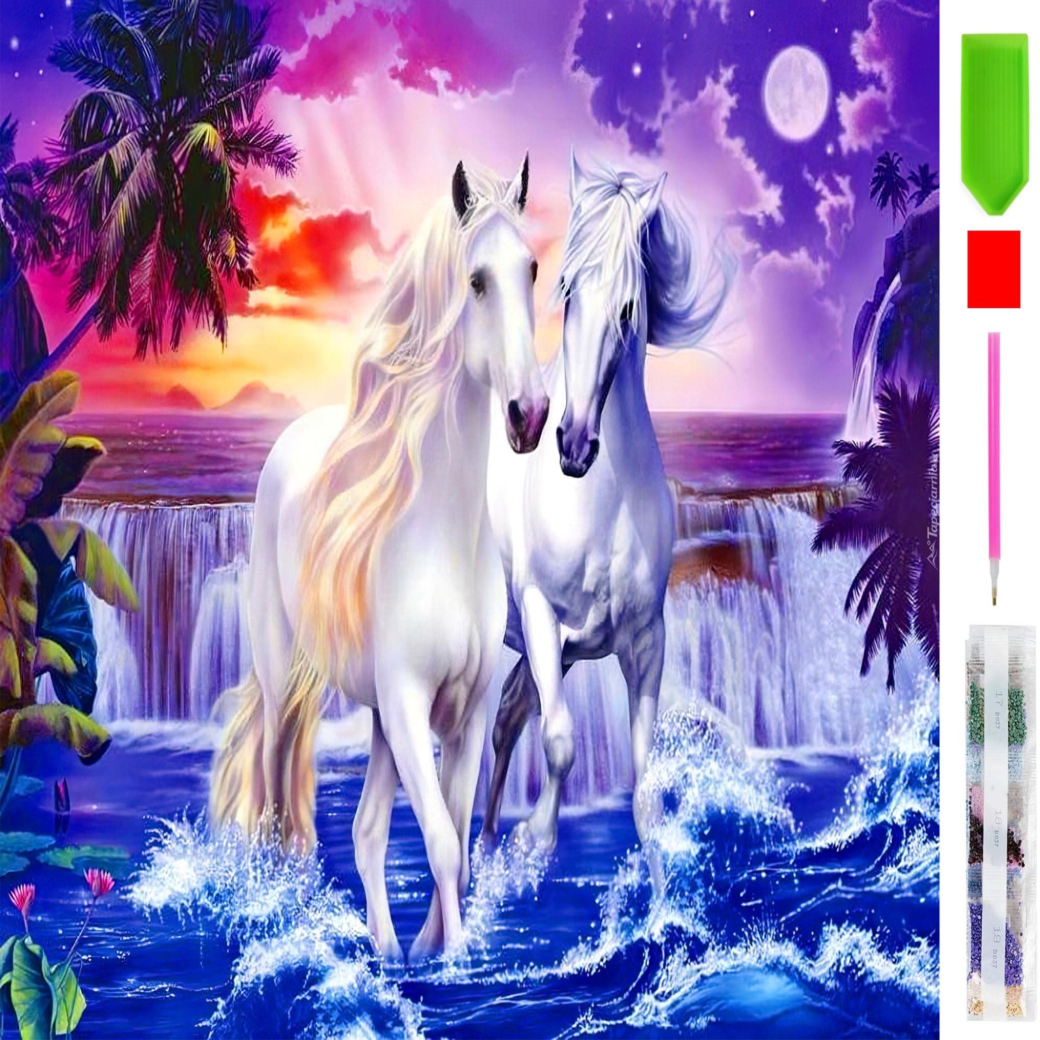 Malen nach Zahlen XL 5d Diamond Painting Weiße Pferde Malen nach Zahlen 40x50cm