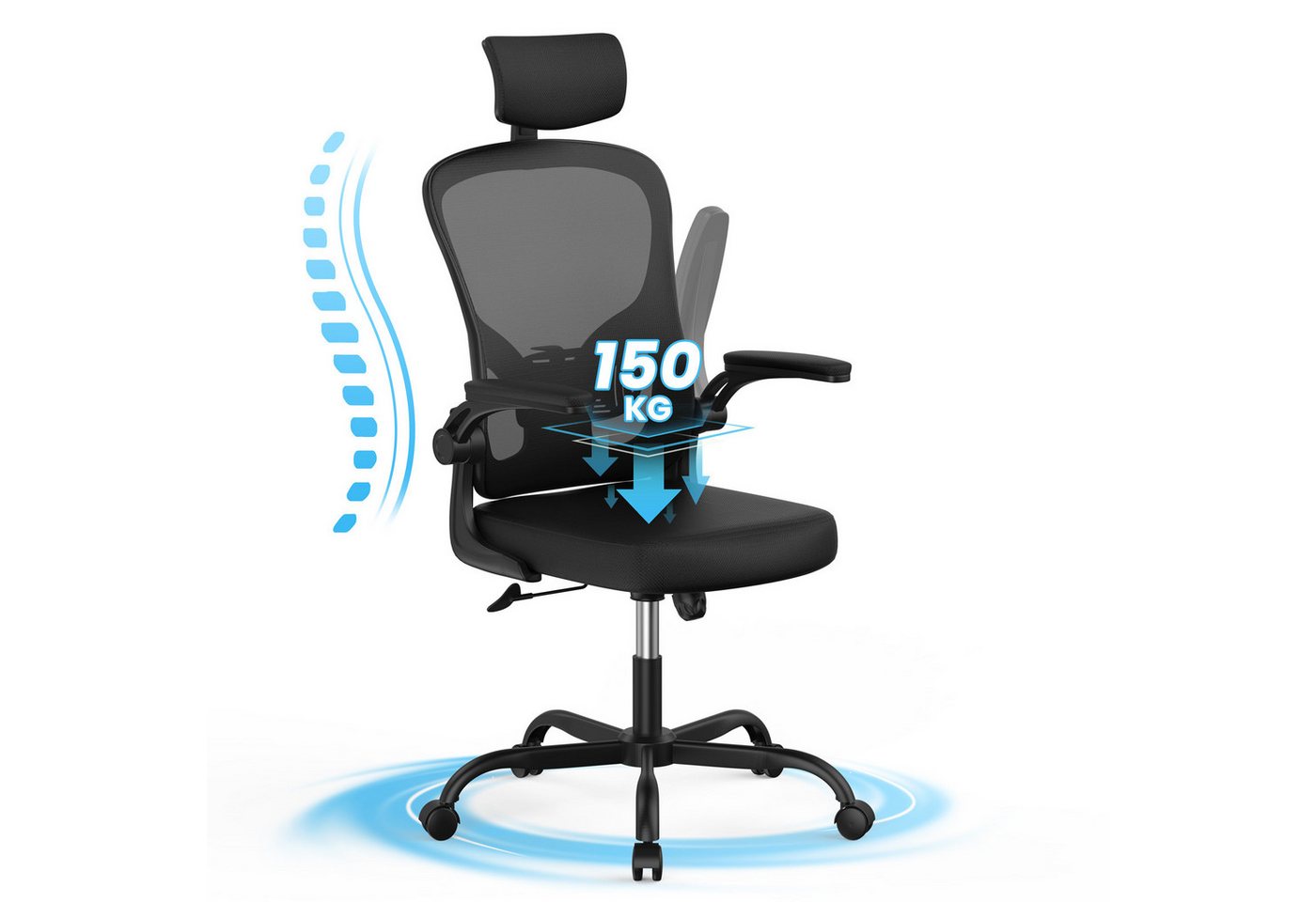 Gywowken Drehstuhl - Ergonomisch Bürostuhl - Schreibtischstuhl mit 120° Wippfunktion, - Verstellbare Kopfstütze - Armstütze und Höhen - Bis 150kg