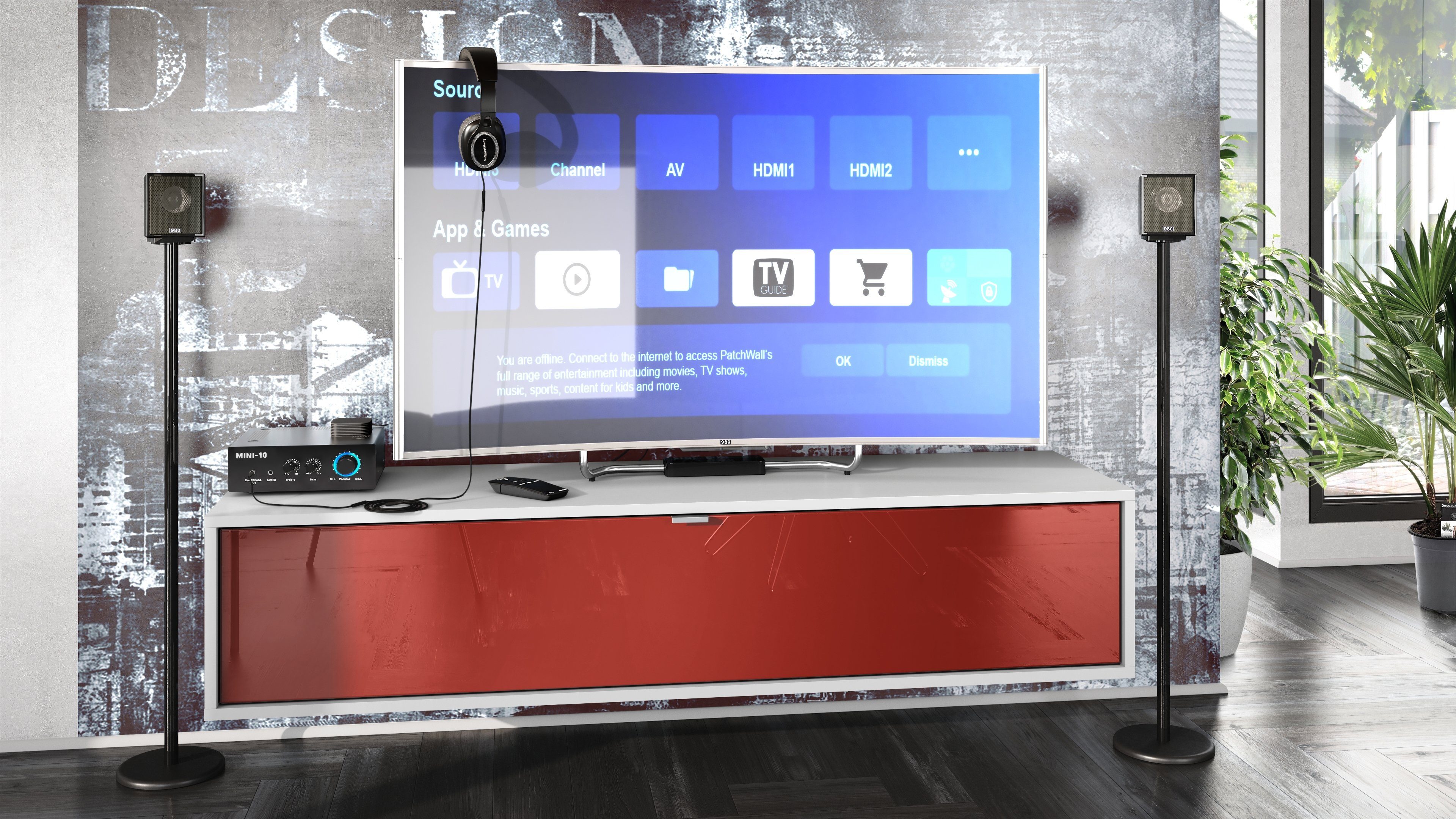 Vladon Lowboard Lana 1400 (TV-Kommode, mit Klappe dahinter 3 Fächer), Weiß matt/Bordeaux Hochglanz (140 x 29 x 37 cm)