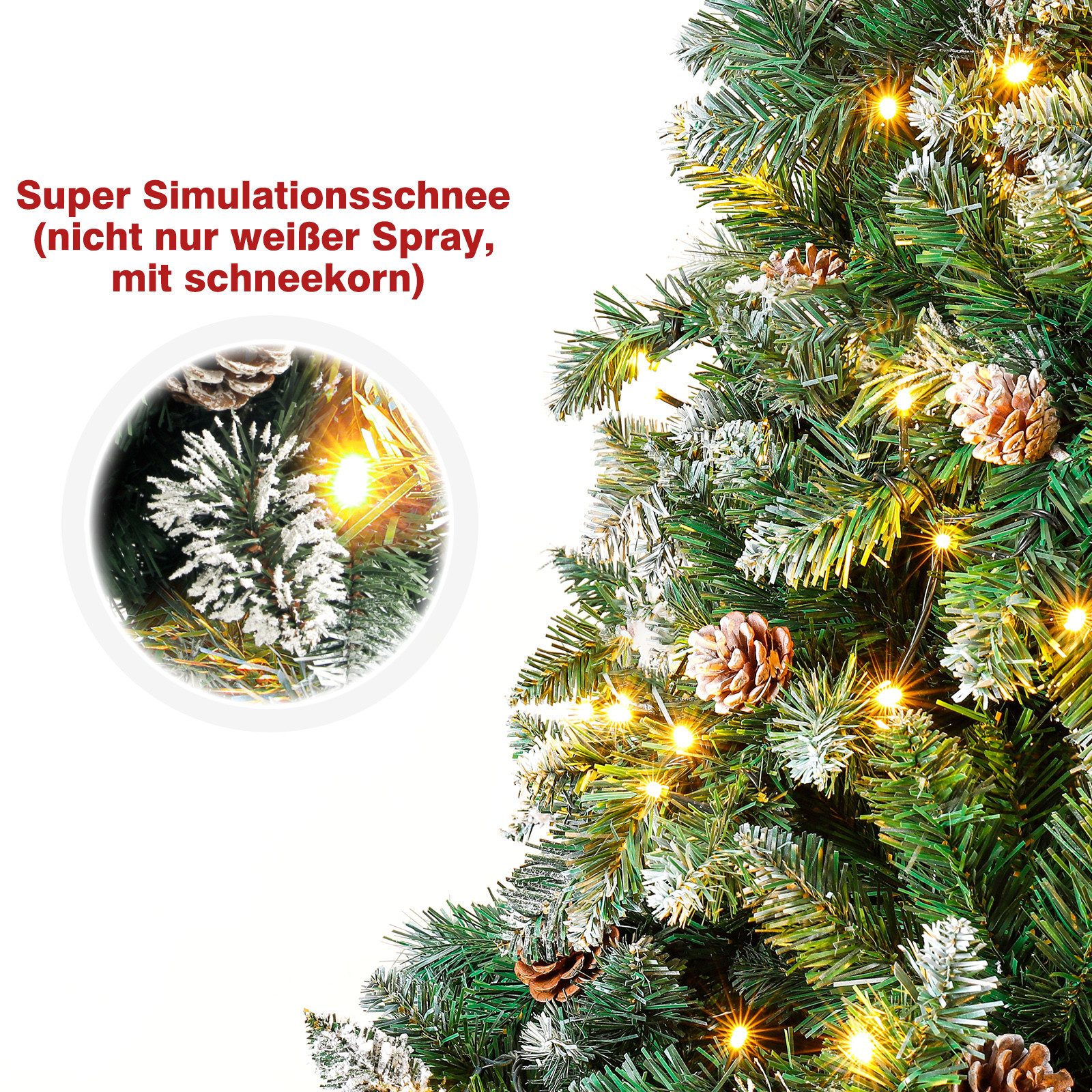 Yorbay Künstlicher Weihnachtsbaum Künstlicher Tannenbaum mit LED Beleuchtung, Schnee, Kiefernzapfen, 150 / 180 / 210 cm auswählbar, mit Ständer, Weihnachtsbaum Christbaum für Weihnachten-Dekoration