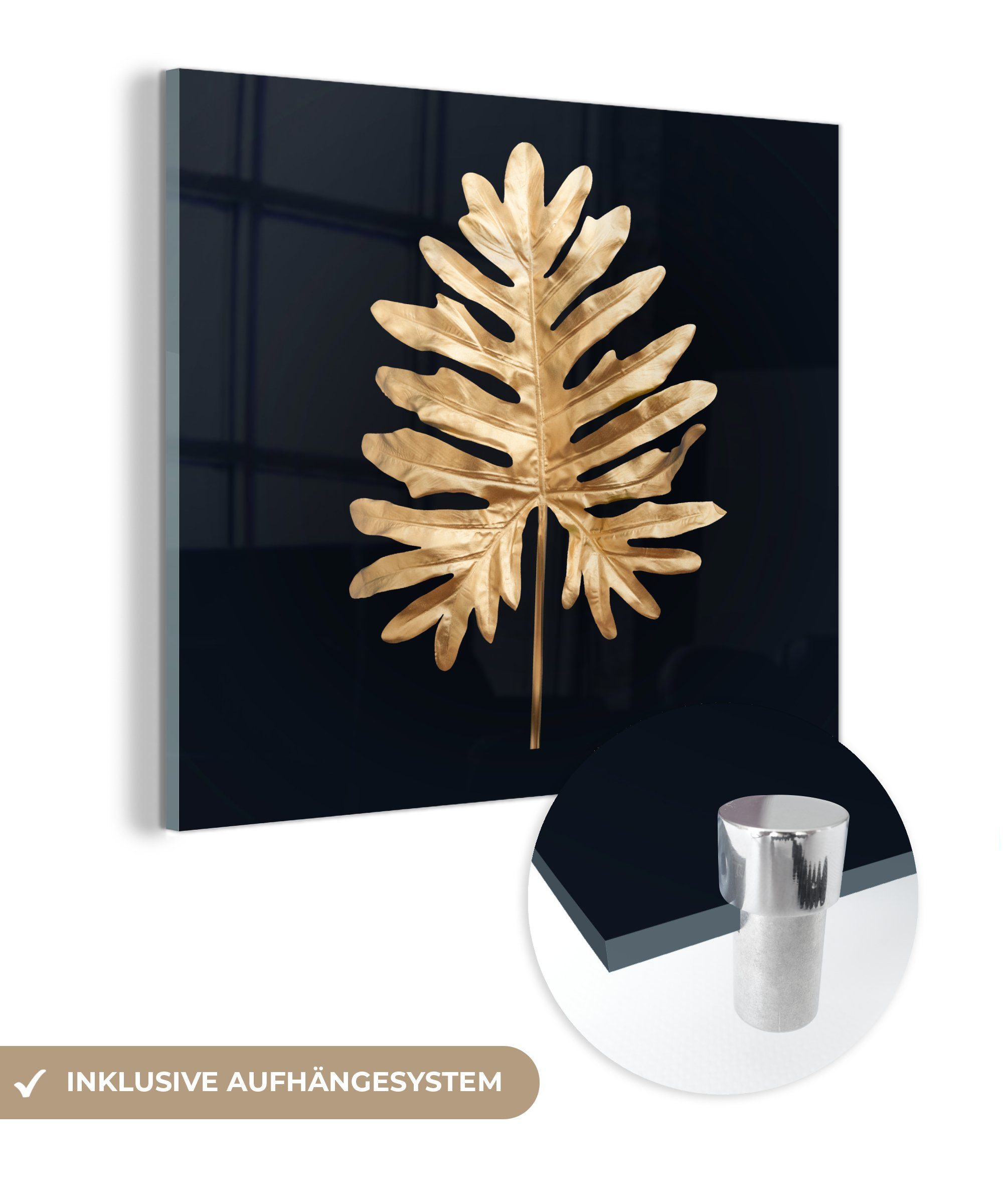 MuchoWow Acrylglasbild Blätter - Herbst - Gold - Schwarz - Natur - Luxus, (1 St), Glasbilder - Bilder auf Glas Wandbild - Foto auf Glas - Wanddekoration bunt