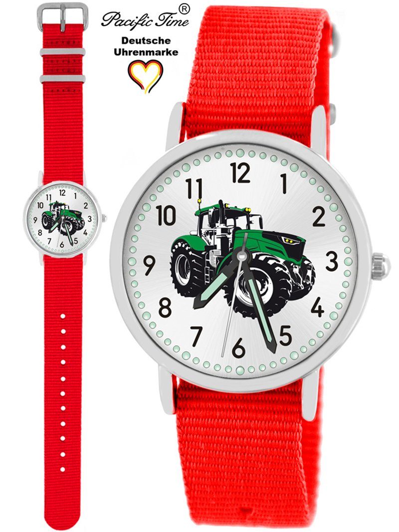Pacific Time Quarzuhr Kinder Armbanduhr Traktor grün Wechselarmband, Mix und Match Design - Gratis Versand rot