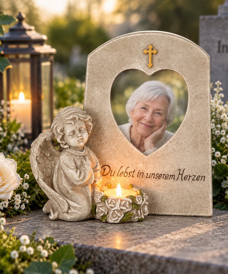 MF Gartenfigur Grabengel mit Foto und Teelicht Du lebst in unserem Herzen 20,5 cm, (1 St)