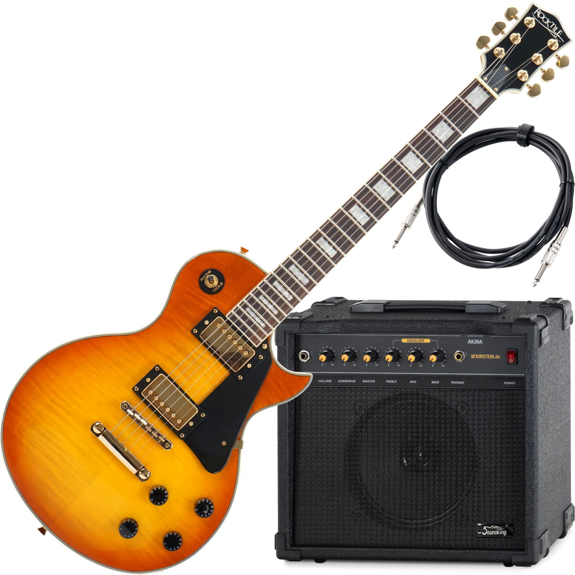 Rocktile E-Gitarre Pro L-200OHB E-Gitarre Orange Honey Burst AK30A Set, Single Cut-Modelle Single Cut-Modelle Single Cut-Modelle, Spar-Set, inkl. Gitarrenverstärker und Kabel, E-Gitarre mit Verstärker