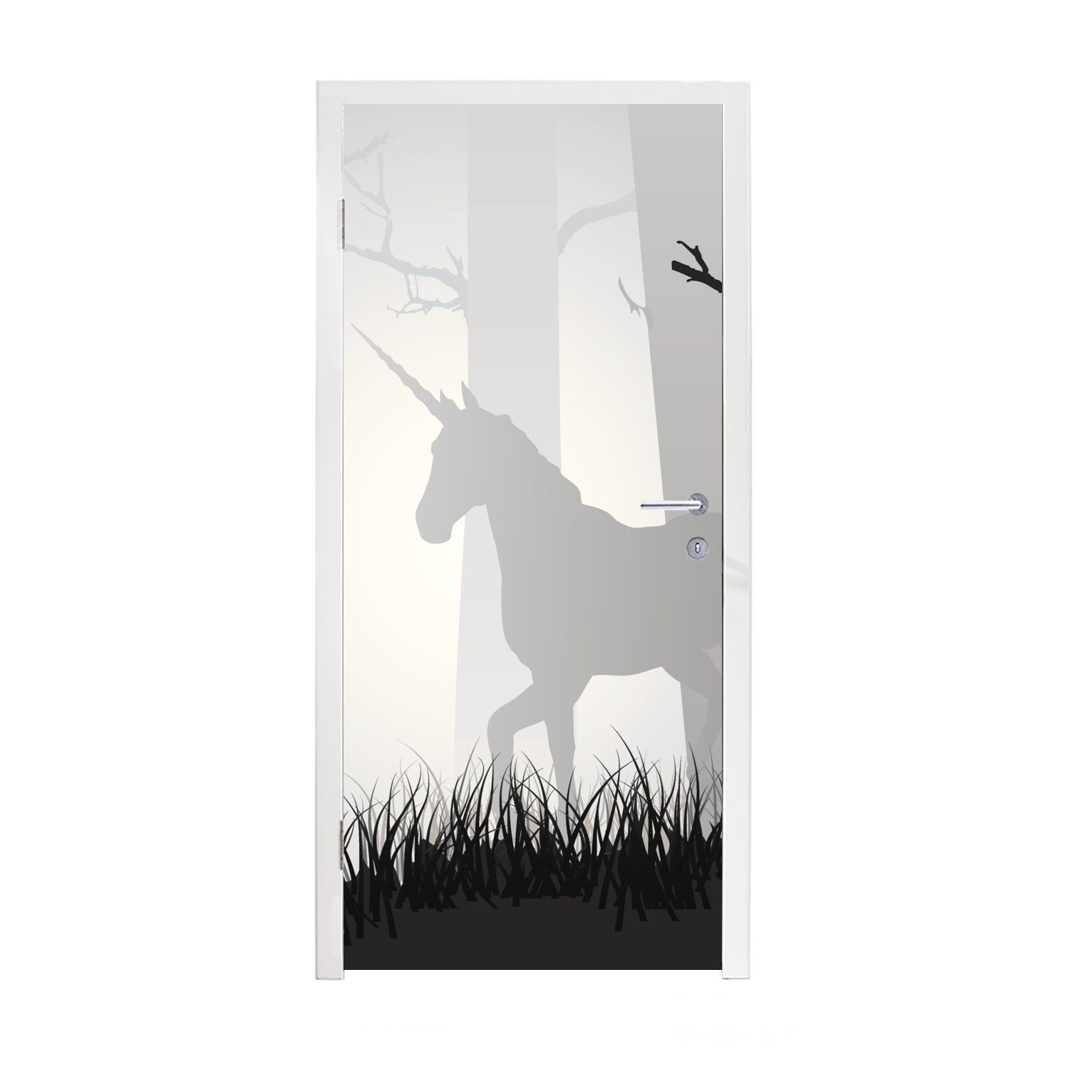 St), nebligen - Tür, Wald cm MuchoWow Illustration bedruckt, Türtapete (1 Einhorns für einem eines Fototapete Mädchen -, Matt, Türaufkleber, Eine 75x205 in