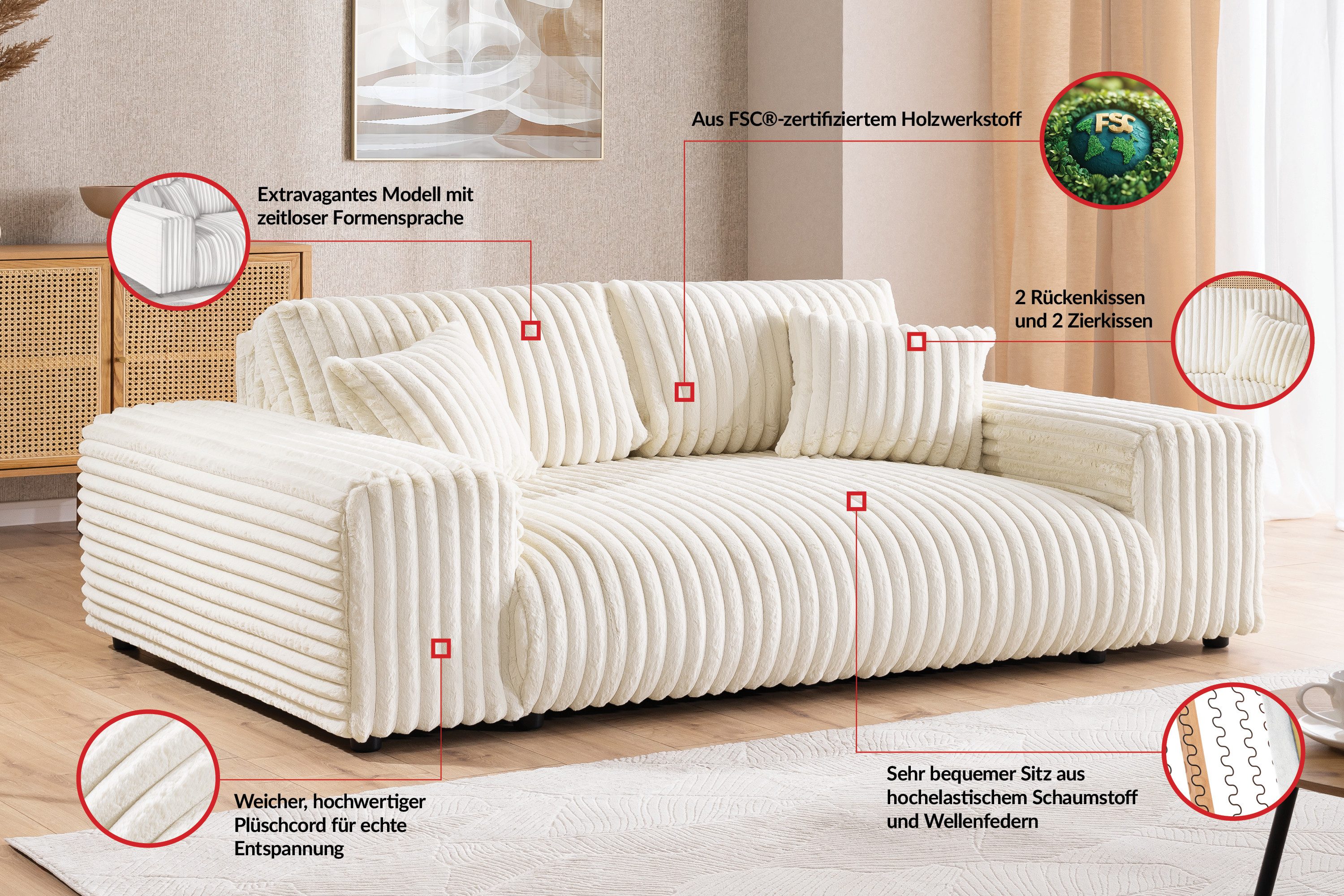 S-Style Möbel 3-Sitzer Sofa Mollis aus Plüschcord mit hohem Sitzkomfort, mit Wellenfederung – Bild 5 von 5