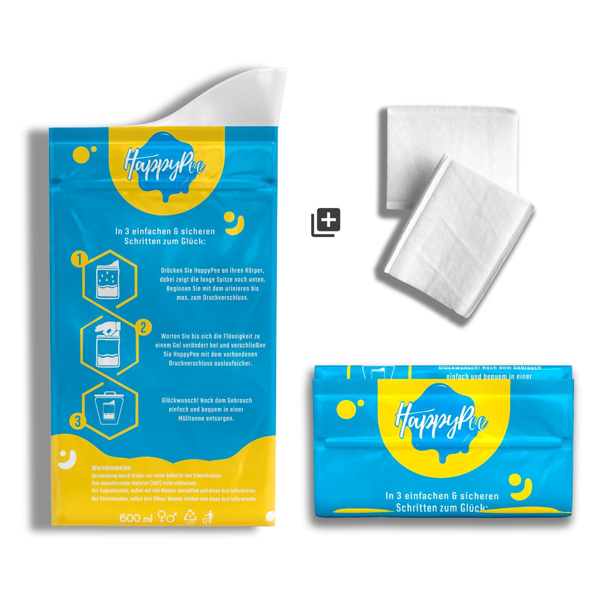 HappyPee Kette mit Anhänger 10 x Einweg Notfall WC für unterwegs + Hygienetücher, Frauen & Herren (10-tlg)