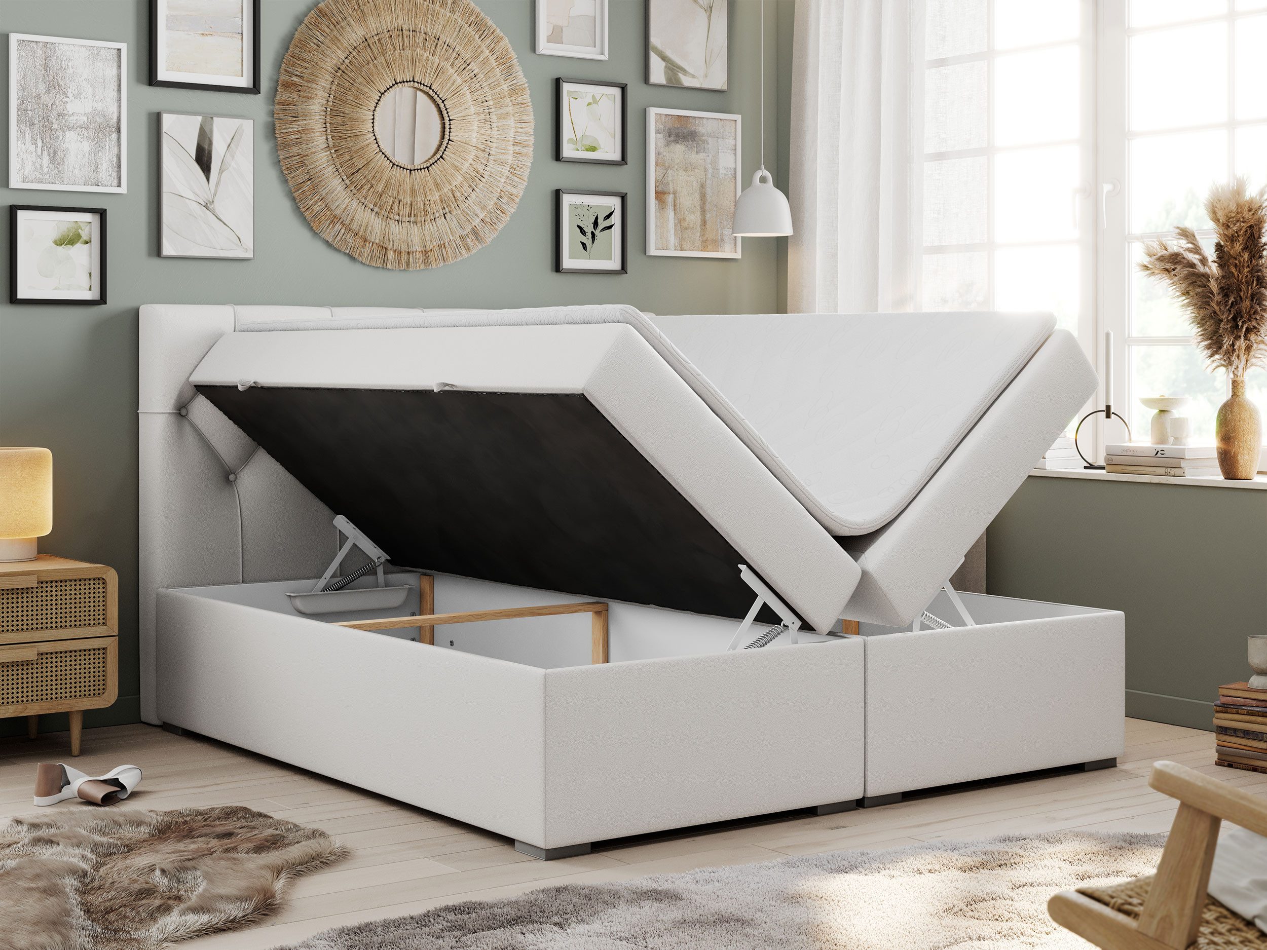 MKS MÖBEL Boxspringbett ALDA (Set, Packung, T30-Schaum, zwei Bettkästen, gepolsterte Kopfstütze), Doppelbett, Multipocket-Matratzen, Modern Bett
