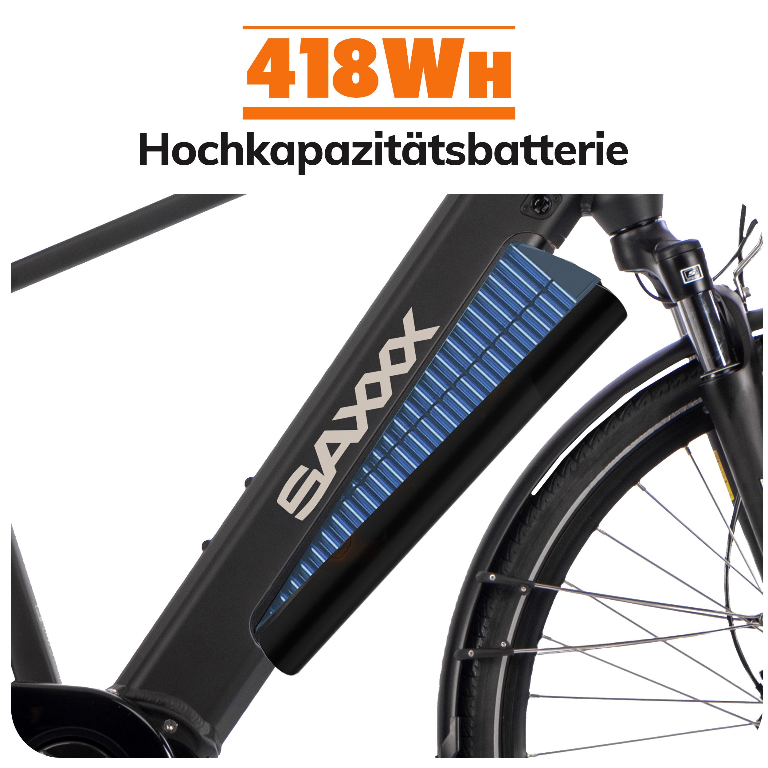 SAXXX E-Bike Cityrad 28 Zoll, 70 Nm Antrieb, Mittelmotor, max. 100km, 95 % vormontiert, 9 Gang SHIMANO Alivio Schaltwerk, Kettenschaltung, Mittelmotor, 418 Wh, (Für Alltag, Arbeitsweg und längere Fahrten auf wechselnden Strecken), hydr. Bremsen, bis 130kg belastbar, Elektrofahrrad für Damen Herren