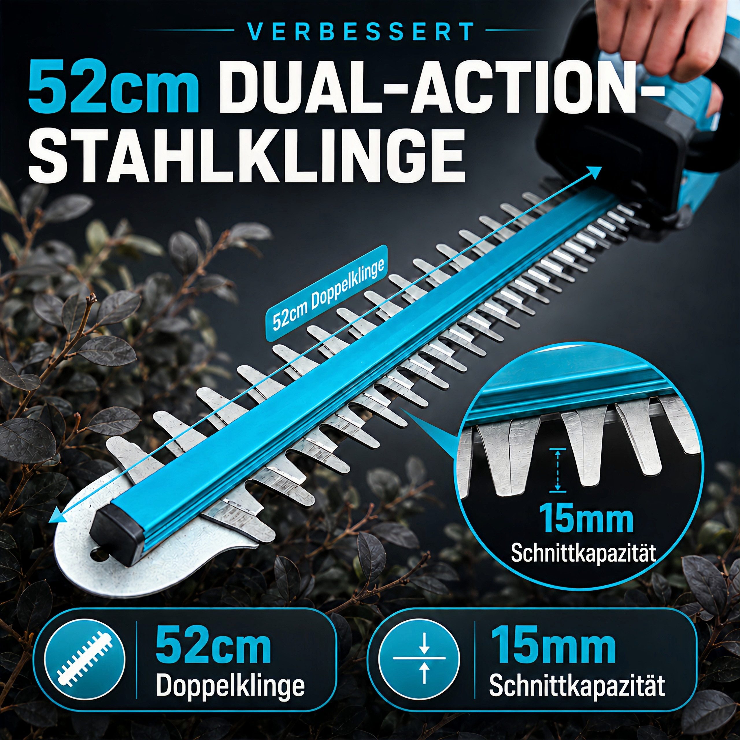 Rinoxar Akku-Heckenschere Akku Heckenschere 21V mit 8000mAh Akku, 600W Bürstenlosem Motor, 52cm Lange Astschere Grasschere für Garten, Sträucher und Randpflanzen