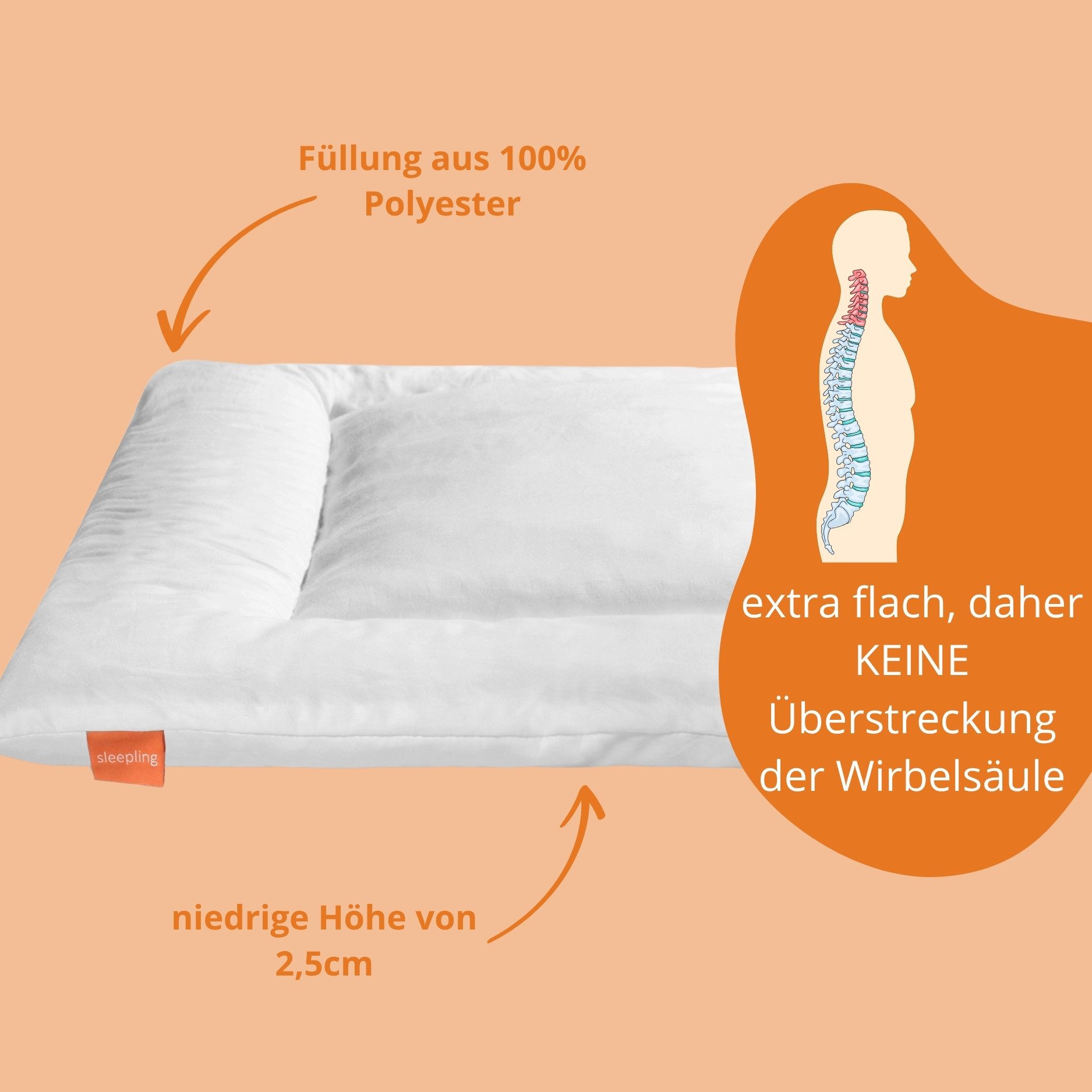 sleepling Bauchschläferkissen Kopfkissen für Bauchschläfer, Füllung: Polyester, Bauchschläfer, extra flach (2,5 cm), wirbelsäulenschonend, orthopädisch