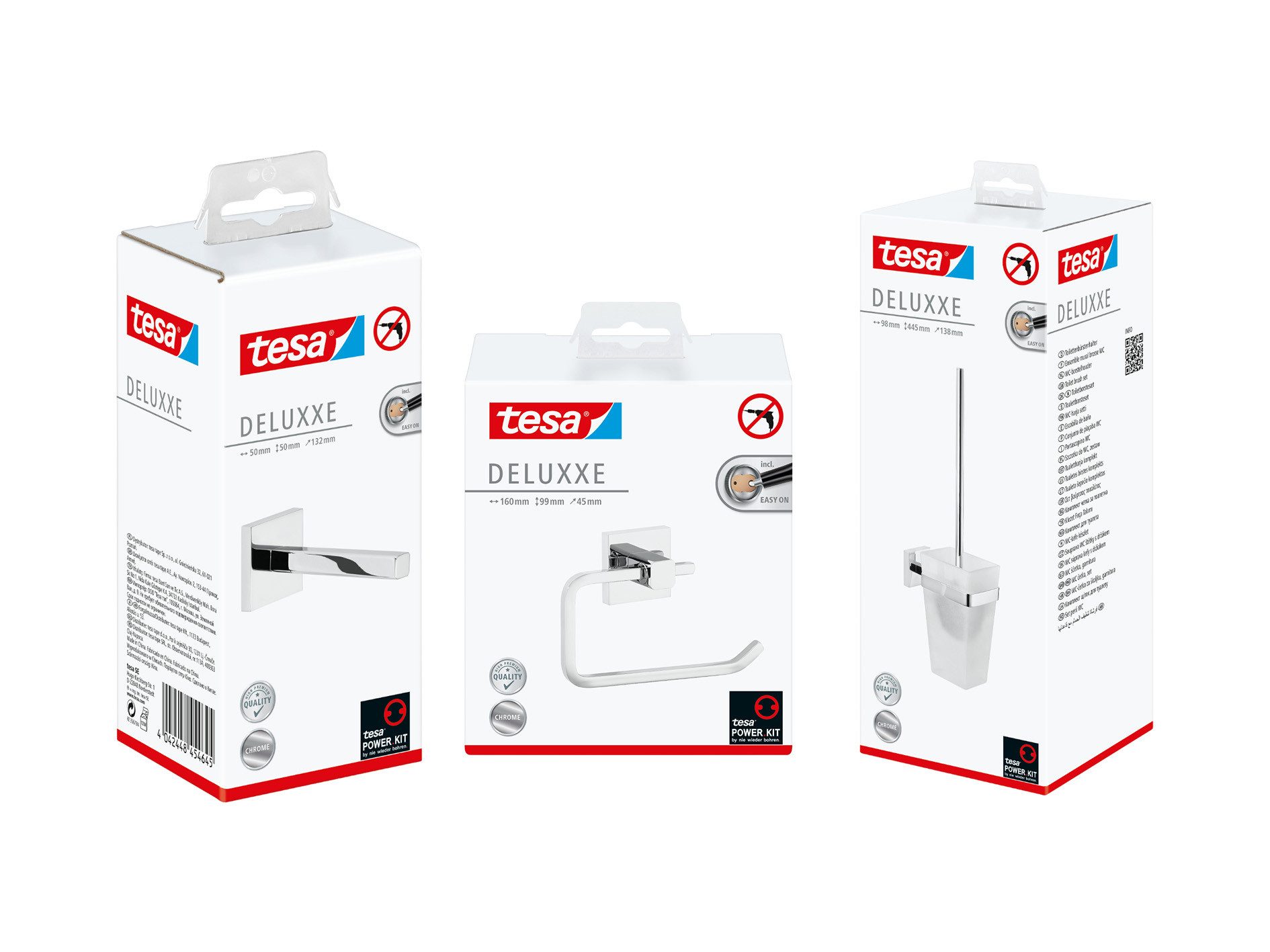 tesa Badaccessoire-Set DELUXXE Toilettenbürsten Set ohne Bohren, Spar-Set, 3 tlg., selbstklebend - chrom - silber glänzend