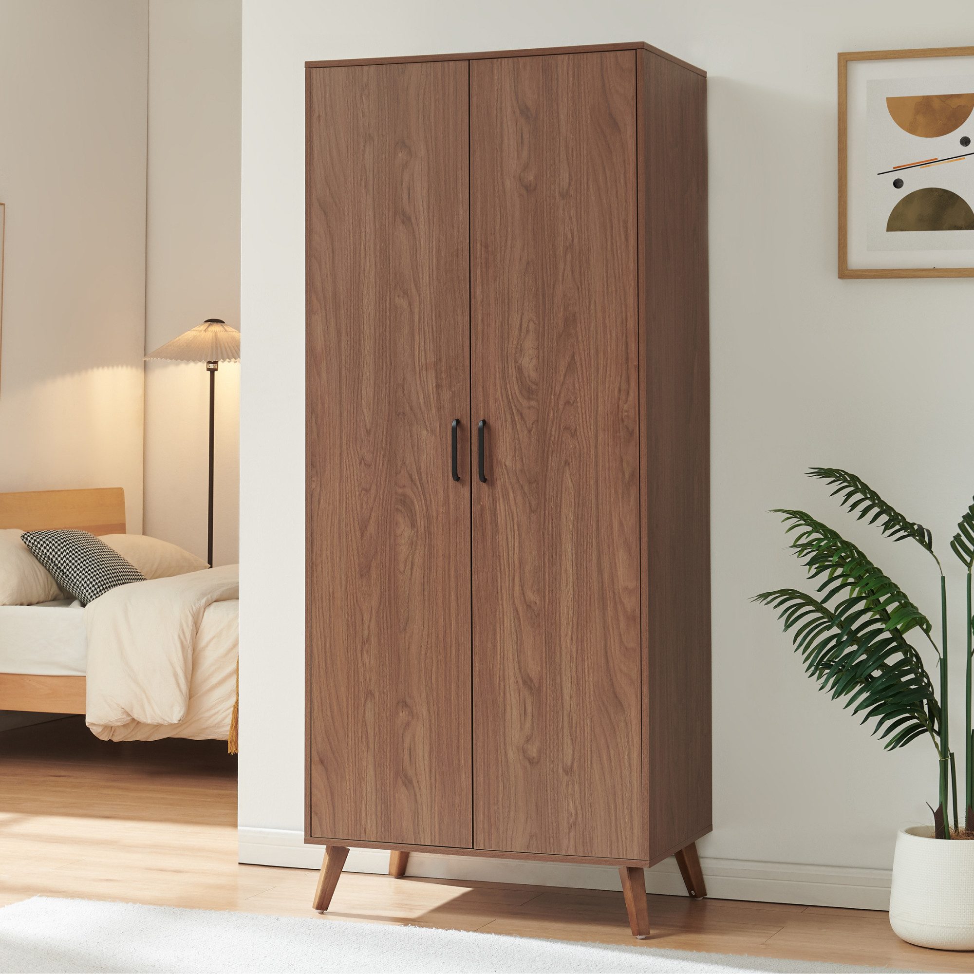 en.casa Kleiderschrank »Norg« 191 x 80 x 52 cm 2 Türen 1 Stange 4 Fächer Walnussoptik