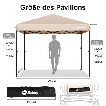 Sekey Faltpavillon 300x300 cm Pop-Up Pavillon, 3 wählbare Höhen: 270cm, 260cm und 250cm, Wasserdicht, Stabil, Sonnenschutz, Windfest