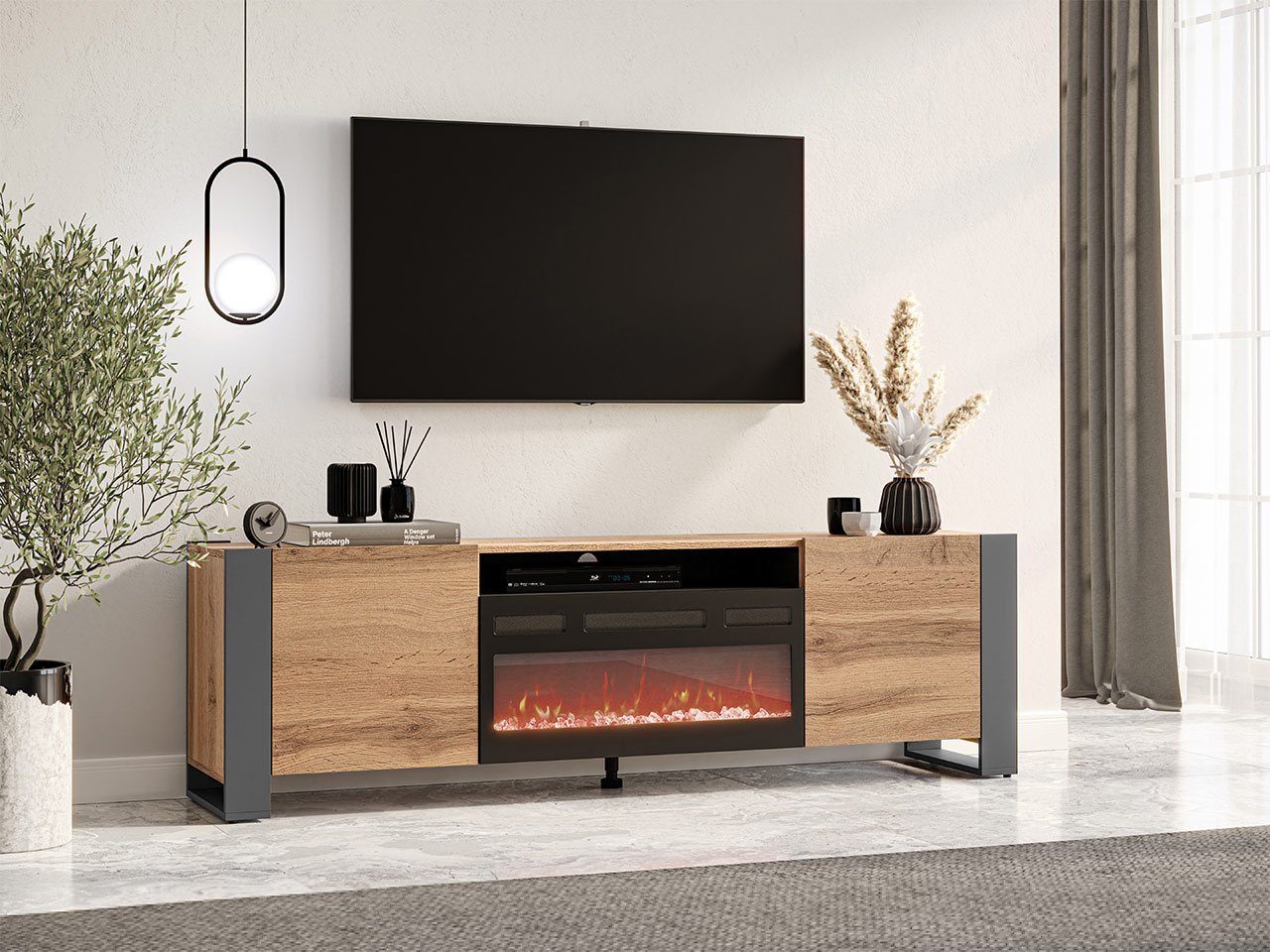 Mirjan24 TV-Schrank Wood mit Kamin (2-Drehtüren) Realistische LED-Flamme